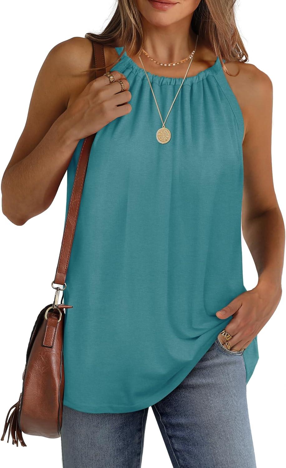 imageWIHOLL Summer Halter Neck Tank Tops for Women Pleated Loose Fit Sleeveless Tops FlowyCcadet Blue