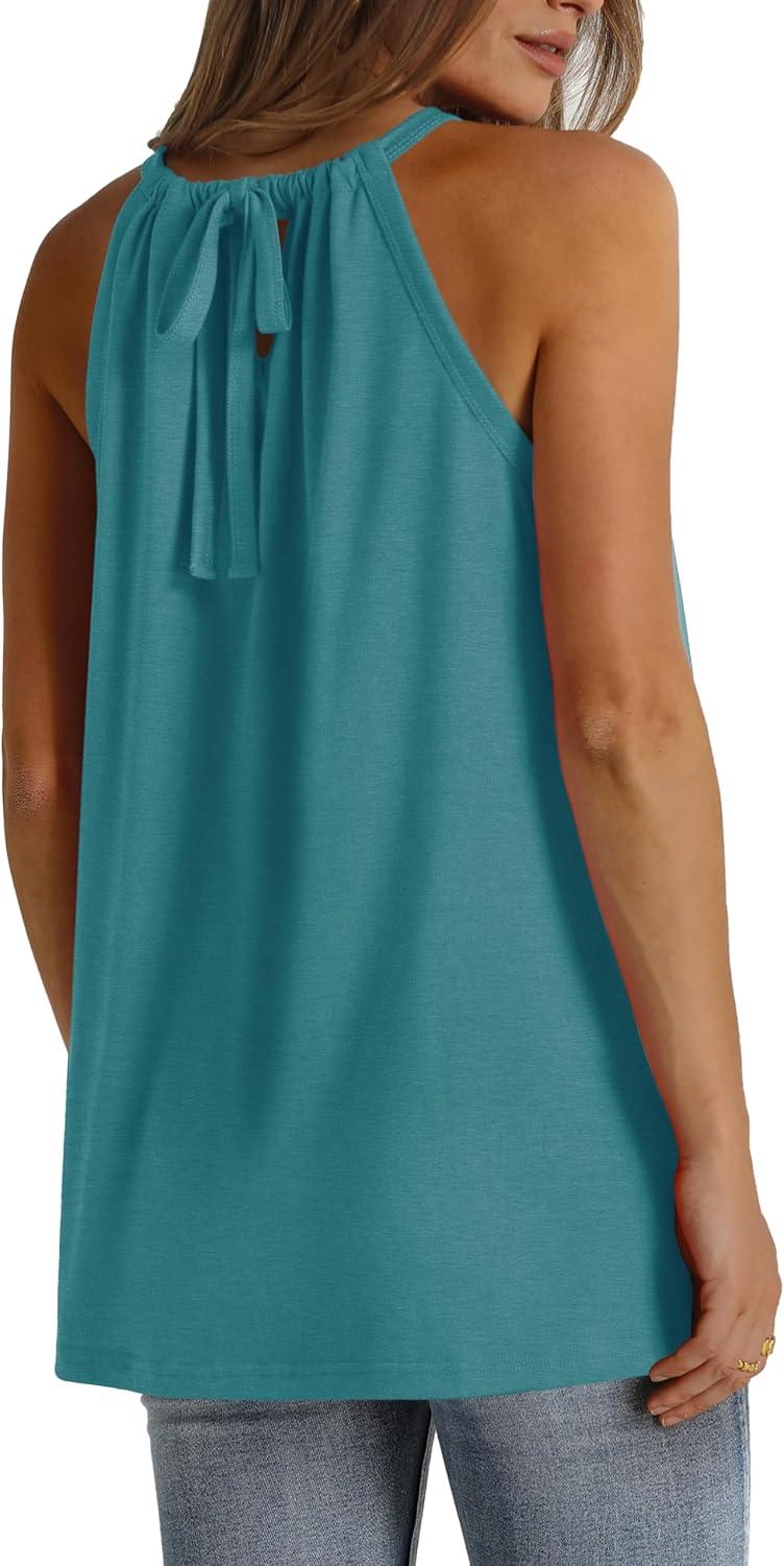 imageWIHOLL Summer Halter Neck Tank Tops for Women Pleated Loose Fit Sleeveless Tops FlowyCcadet Blue