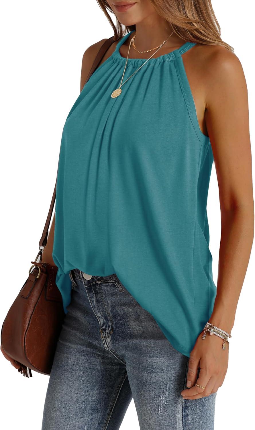 imageWIHOLL Summer Halter Neck Tank Tops for Women Pleated Loose Fit Sleeveless Tops FlowyCcadet Blue