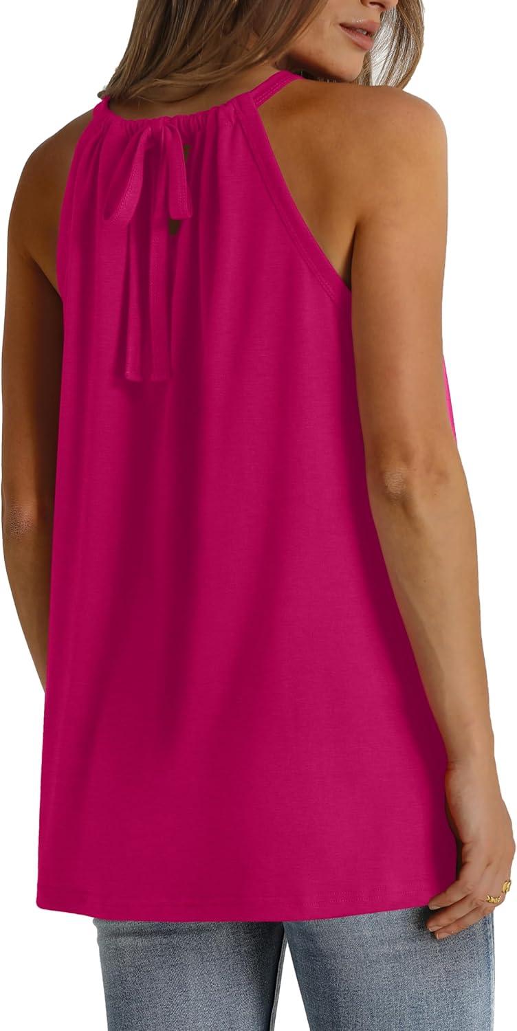 imageWIHOLL Summer Halter Neck Tank Tops for Women Pleated Loose Fit Sleeveless Tops FlowyCrose Red