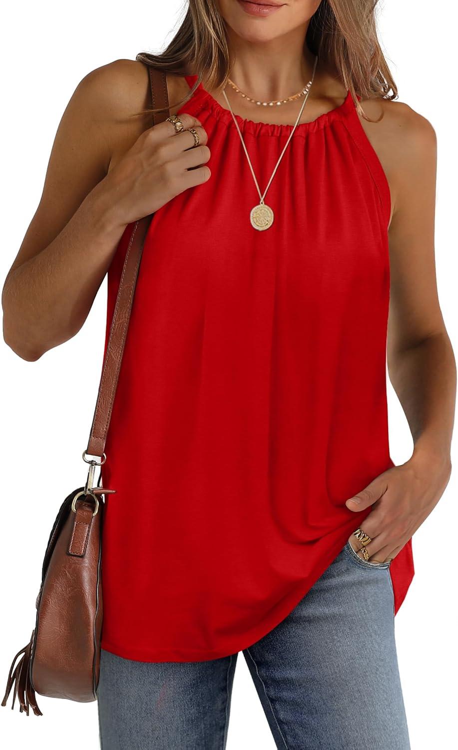 imageWIHOLL Summer Halter Neck Tank Tops for Women Pleated Loose Fit Sleeveless Tops FlowyDred