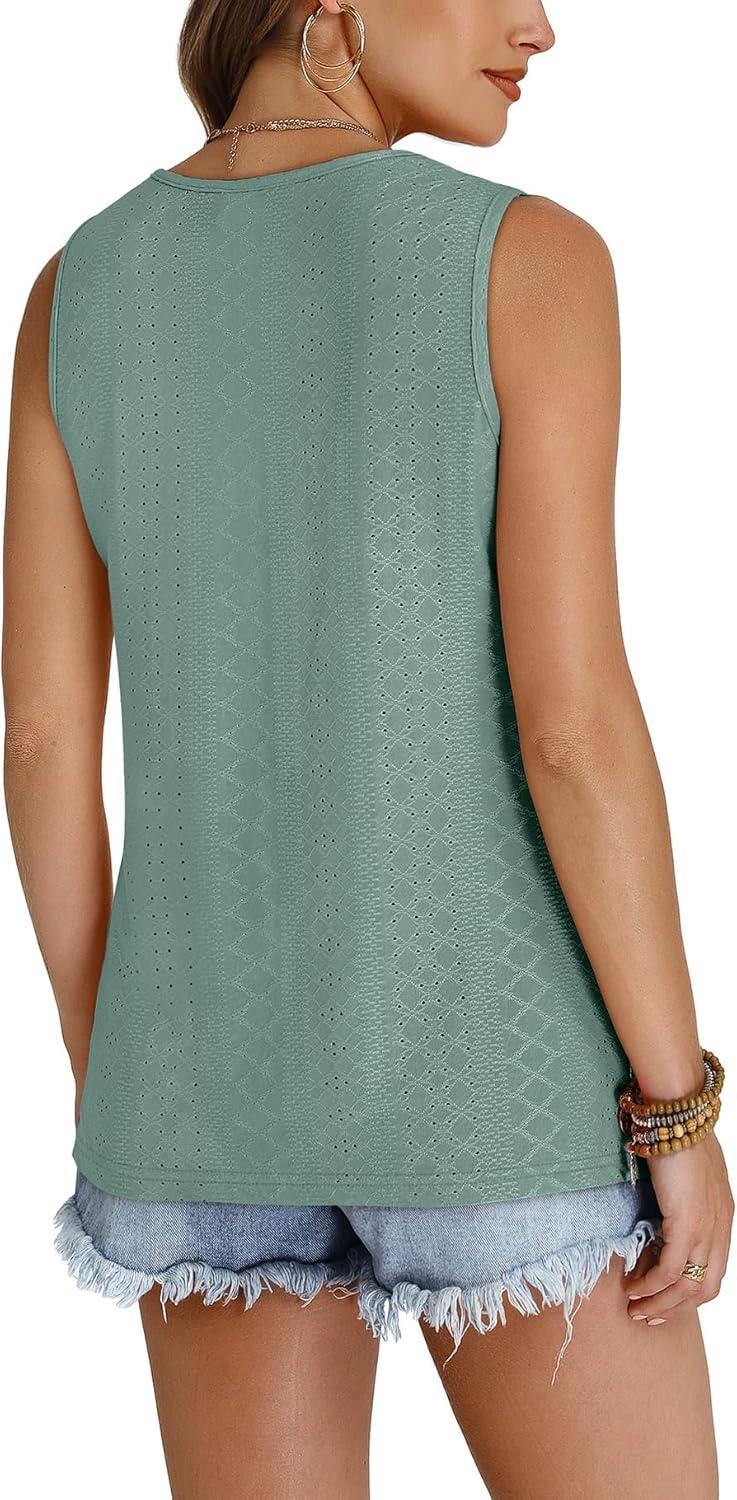imageWIHOLL Tank Top for Women Summer Outfits V Neck T Shirts Trendy Eyelet Sleeveless Basic Beach Vacation Clothes0bean Green