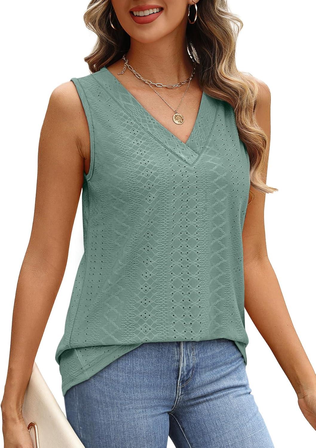 imageWIHOLL Tank Top for Women Summer Outfits V Neck T Shirts Trendy Eyelet Sleeveless Basic Beach Vacation Clothes0bean Green