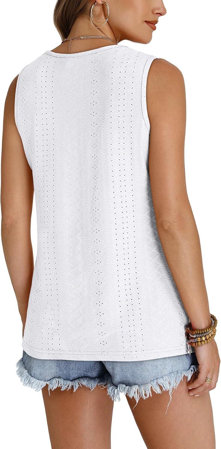 imageWIHOLL Tank Top for Women Summer Outfits V Neck T Shirts Trendy Eyelet Sleeveless Basic Beach Vacation Clothes0white