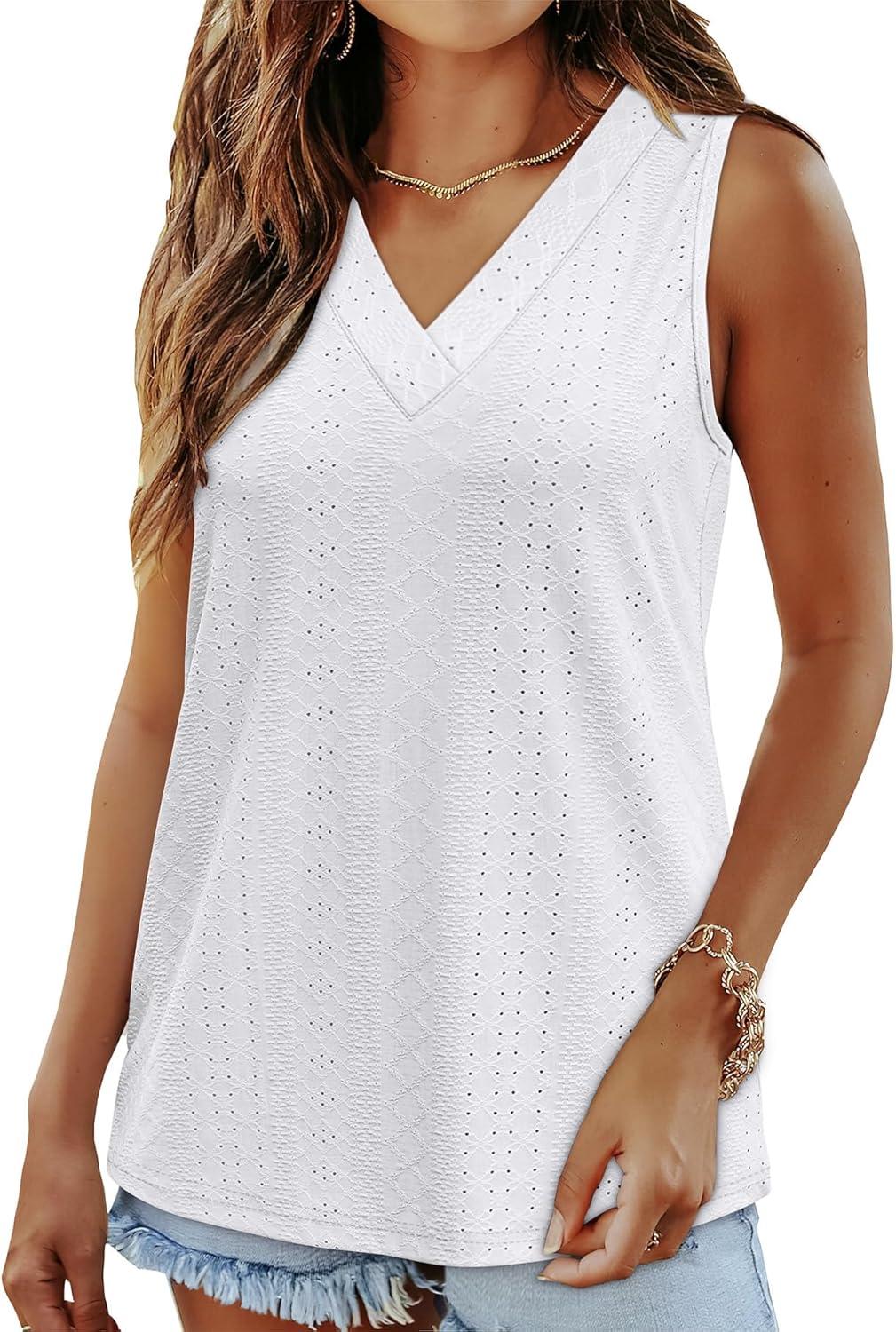 imageWIHOLL Tank Top for Women Summer Outfits V Neck T Shirts Trendy Eyelet Sleeveless Basic Beach Vacation Clothes0white