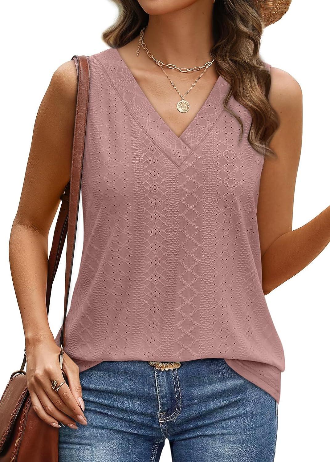imageWIHOLL Tank Top for Women Summer Outfits V Neck T Shirts Trendy Eyelet Sleeveless Basic Beach Vacation Clothes1dusty Pink