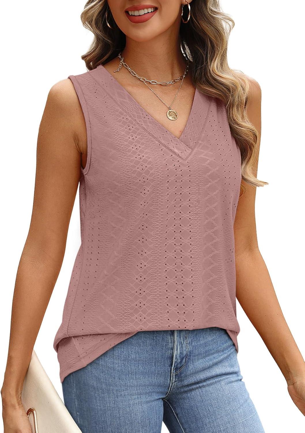 imageWIHOLL Tank Top for Women Summer Outfits V Neck T Shirts Trendy Eyelet Sleeveless Basic Beach Vacation Clothes1dusty Pink