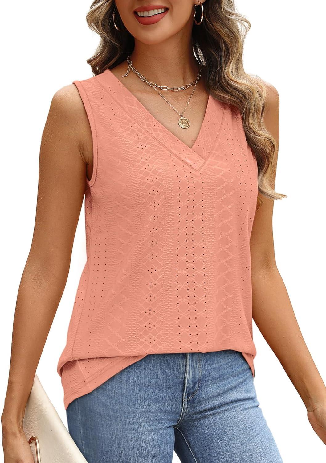 imageWIHOLL Tank Top for Women Summer Outfits V Neck T Shirts Trendy Eyelet Sleeveless Basic Beach Vacation Clothes2coral