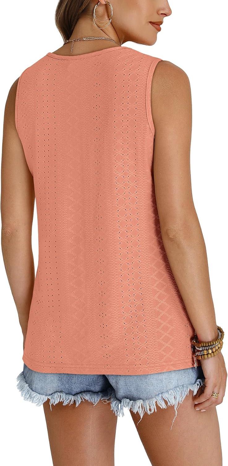 imageWIHOLL Tank Top for Women Summer Outfits V Neck T Shirts Trendy Eyelet Sleeveless Basic Beach Vacation Clothes2coral