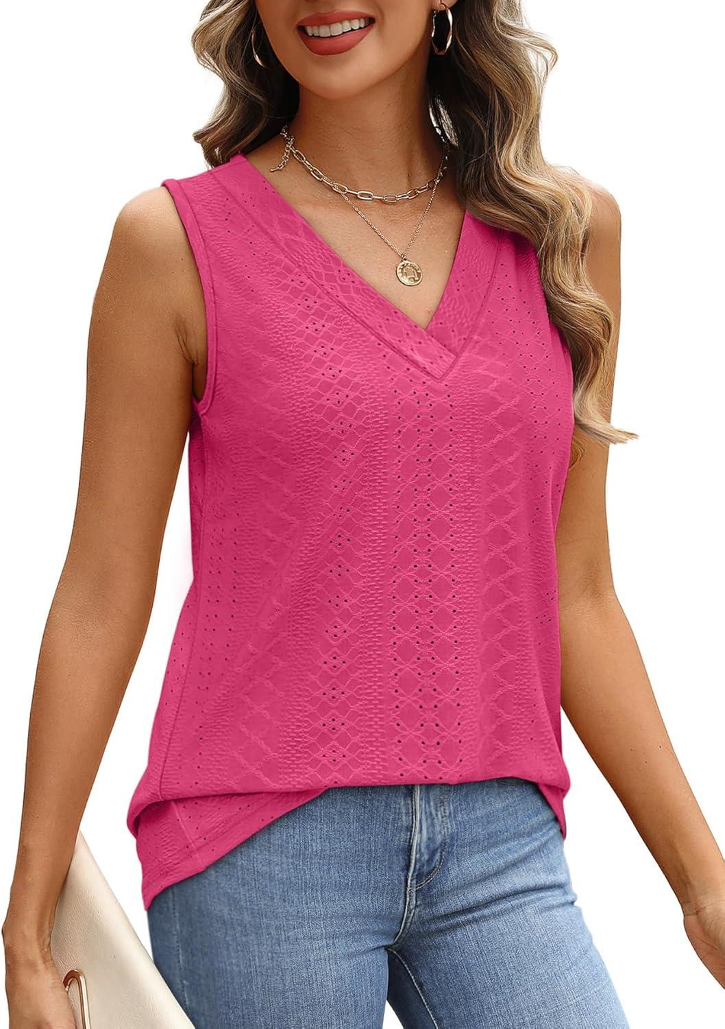 imageWIHOLL Tank Top for Women Summer Outfits V Neck T Shirts Trendy Eyelet Sleeveless Basic Beach Vacation Clothes2hot Pink