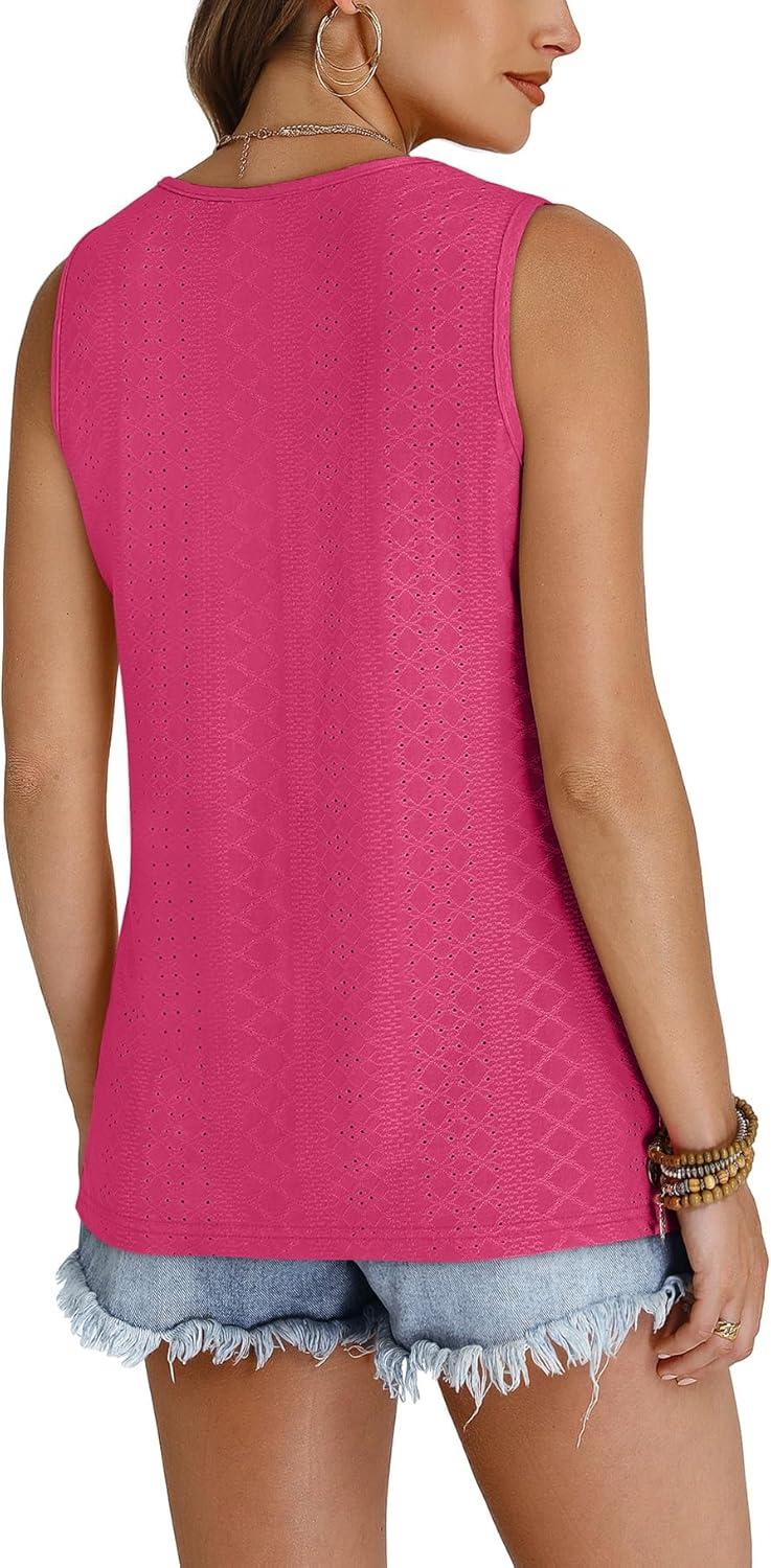 imageWIHOLL Tank Top for Women Summer Outfits V Neck T Shirts Trendy Eyelet Sleeveless Basic Beach Vacation Clothes2hot Pink