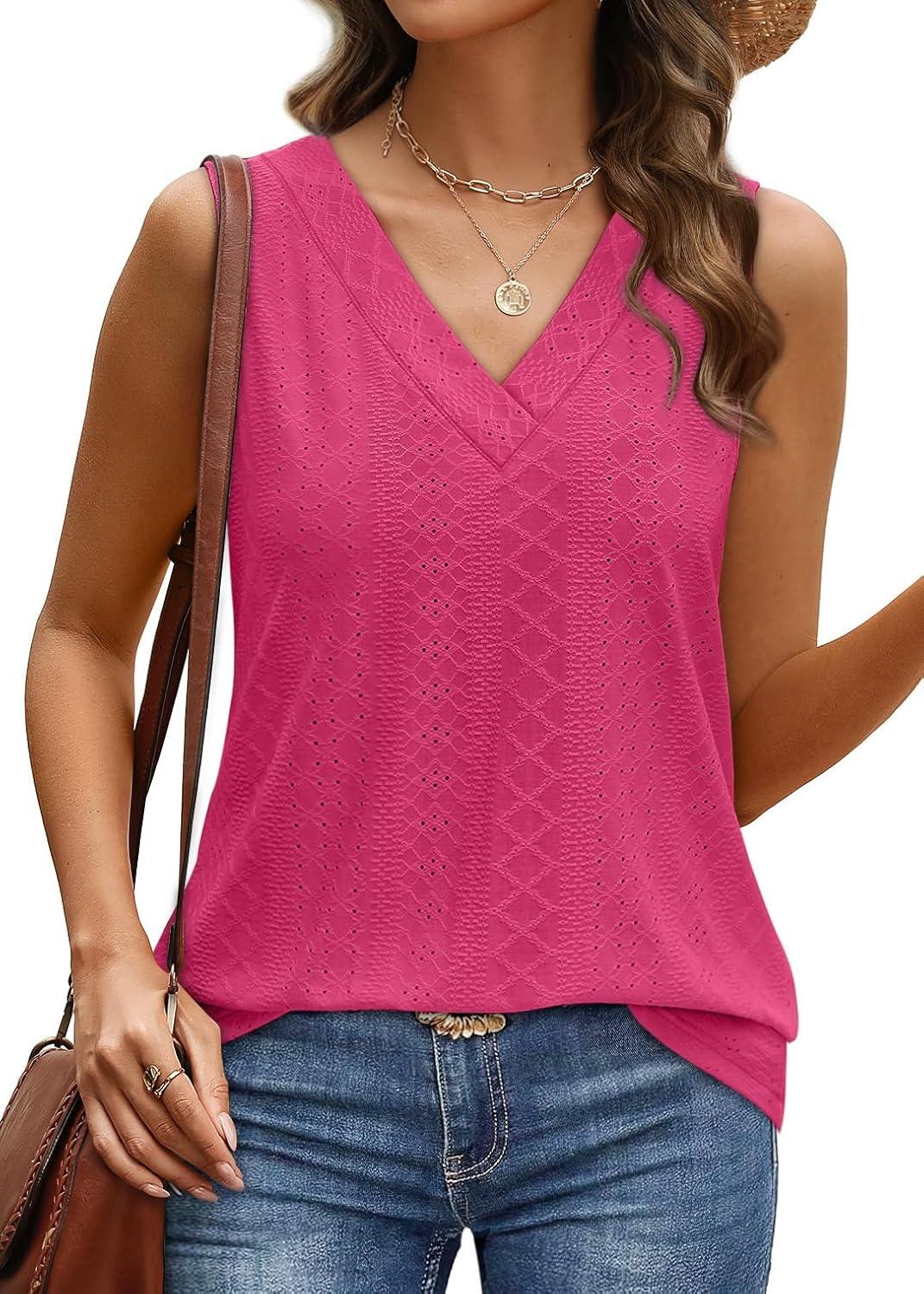 imageWIHOLL Tank Top for Women Summer Outfits V Neck T Shirts Trendy Eyelet Sleeveless Basic Beach Vacation Clothes2hot Pink