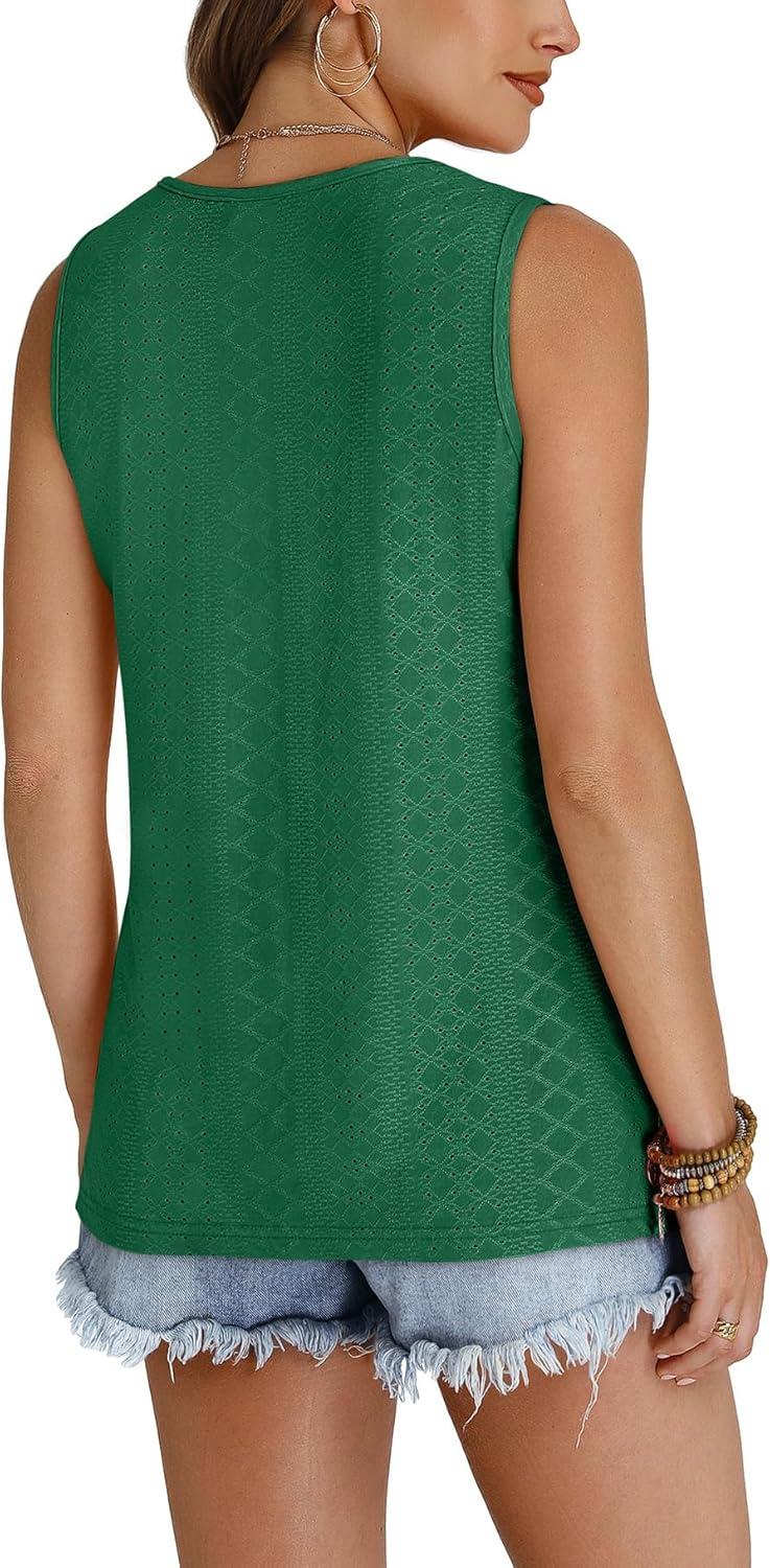 imageWIHOLL Tank Top for Women Summer Outfits V Neck T Shirts Trendy Eyelet Sleeveless Basic Beach Vacation ClothesDark Green