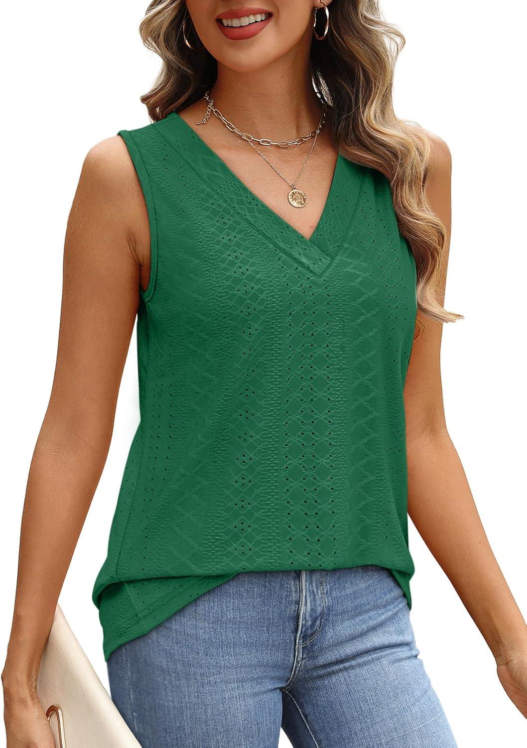 imageWIHOLL Tank Top for Women Summer Outfits V Neck T Shirts Trendy Eyelet Sleeveless Basic Beach Vacation ClothesDark Green