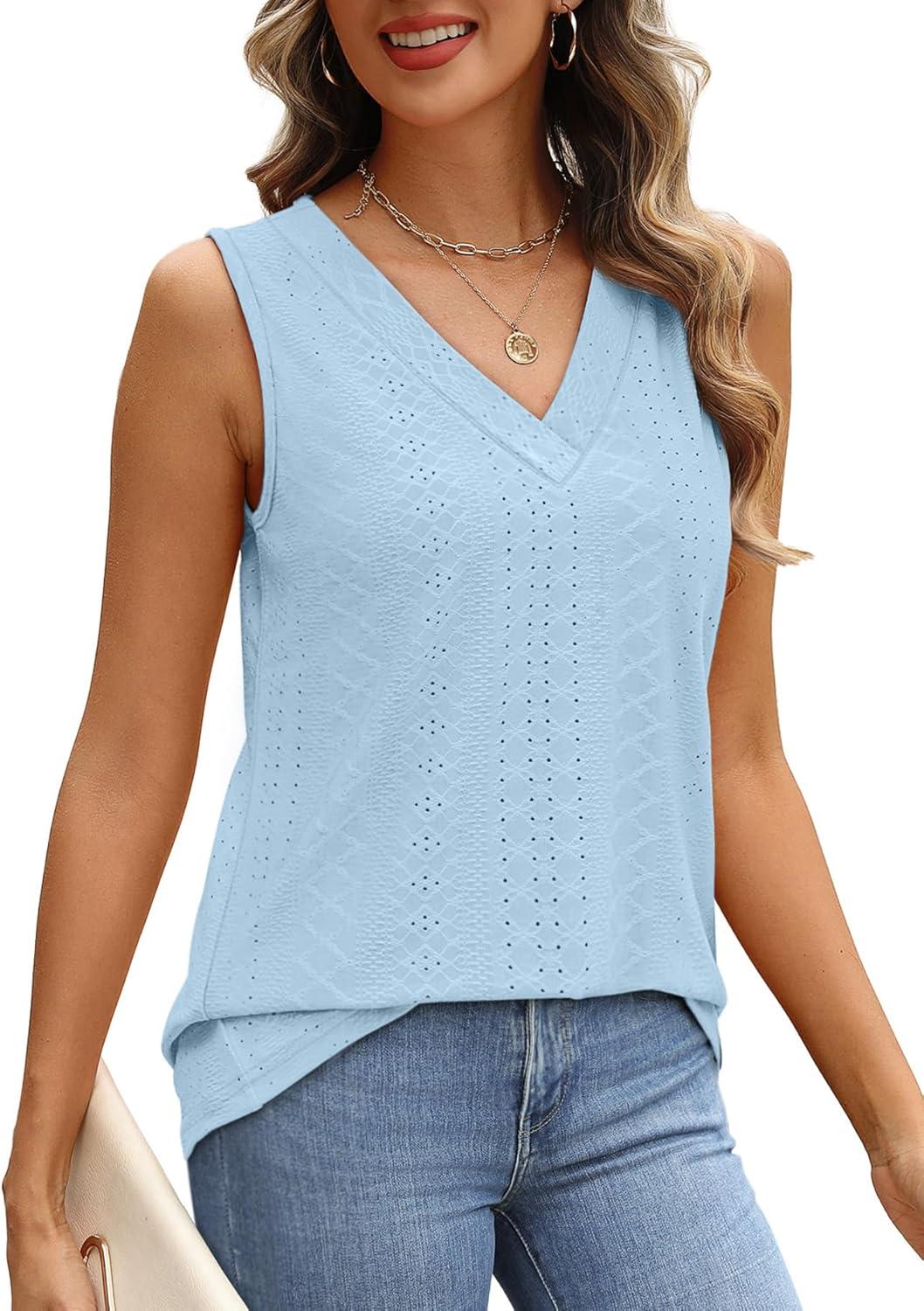 imageWIHOLL Tank Top for Women Summer Outfits V Neck T Shirts Trendy Eyelet Sleeveless Basic Beach Vacation ClothesLight Blue