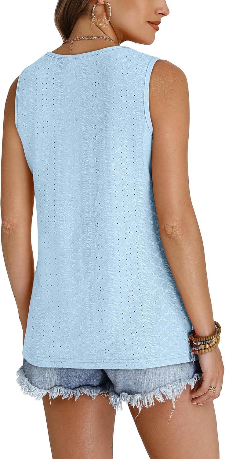 imageWIHOLL Tank Top for Women Summer Outfits V Neck T Shirts Trendy Eyelet Sleeveless Basic Beach Vacation ClothesLight Blue