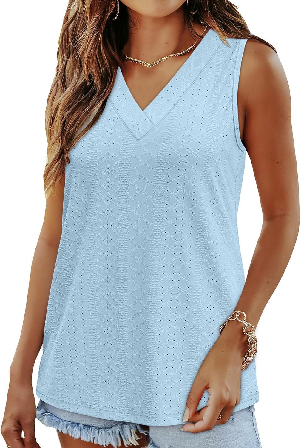 imageWIHOLL Tank Top for Women Summer Outfits V Neck T Shirts Trendy Eyelet Sleeveless Basic Beach Vacation ClothesLight Blue