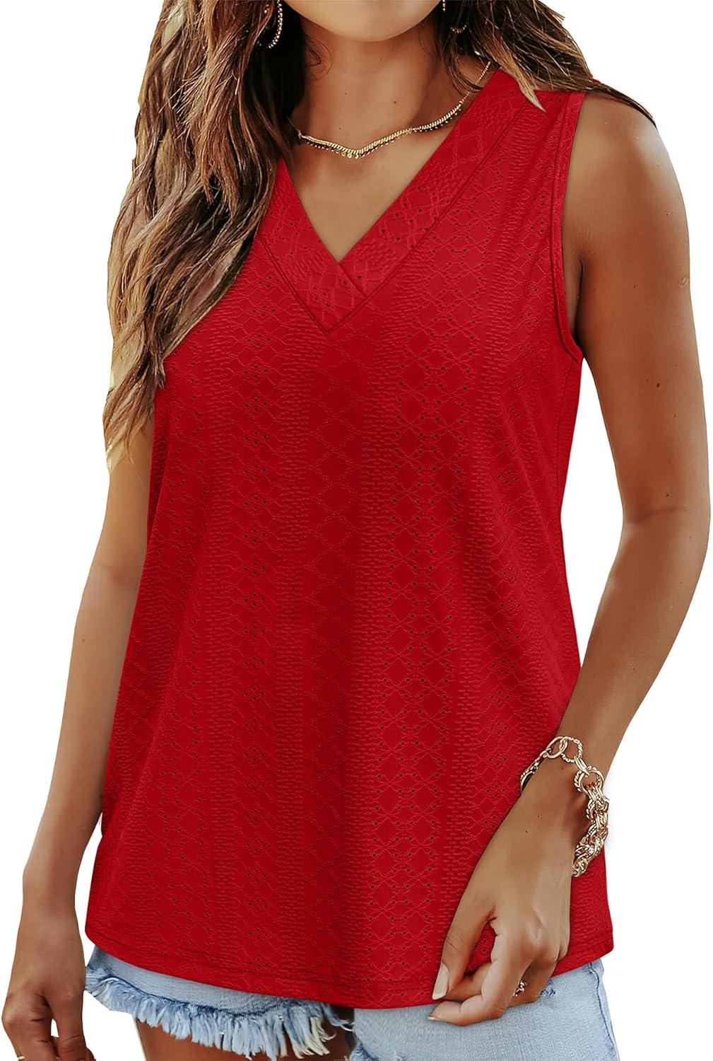 imageWIHOLL Tank Top for Women Summer Outfits V Neck T Shirts Trendy Eyelet Sleeveless Basic Beach Vacation ClothesRed