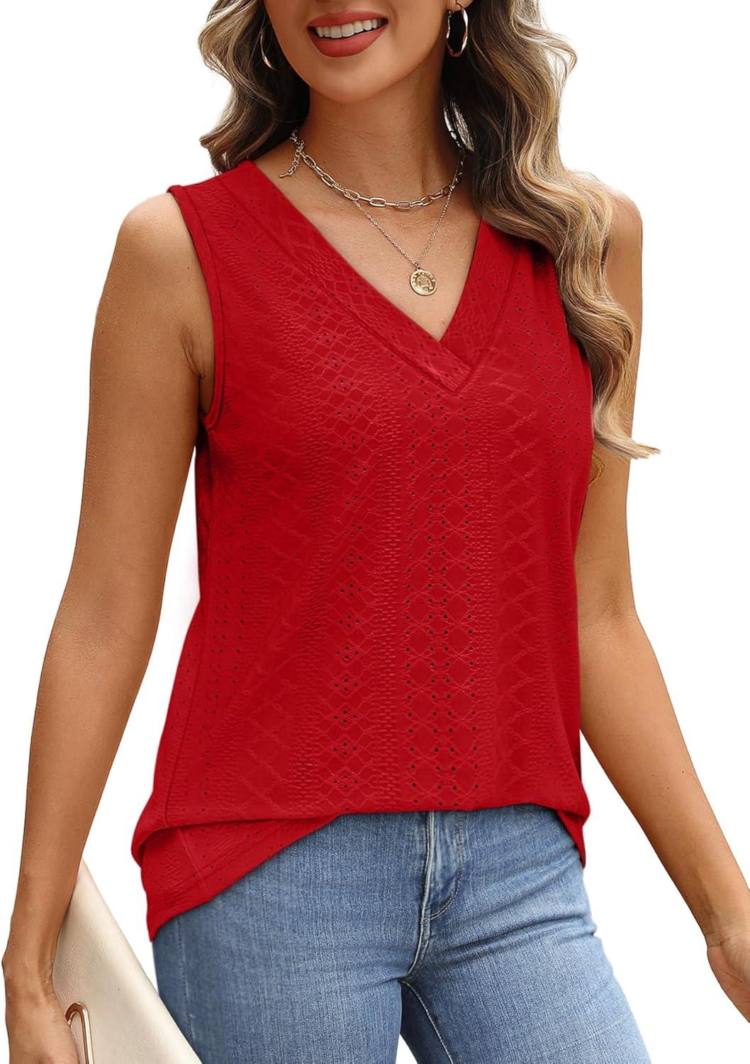 imageWIHOLL Tank Top for Women Summer Outfits V Neck T Shirts Trendy Eyelet Sleeveless Basic Beach Vacation ClothesRed