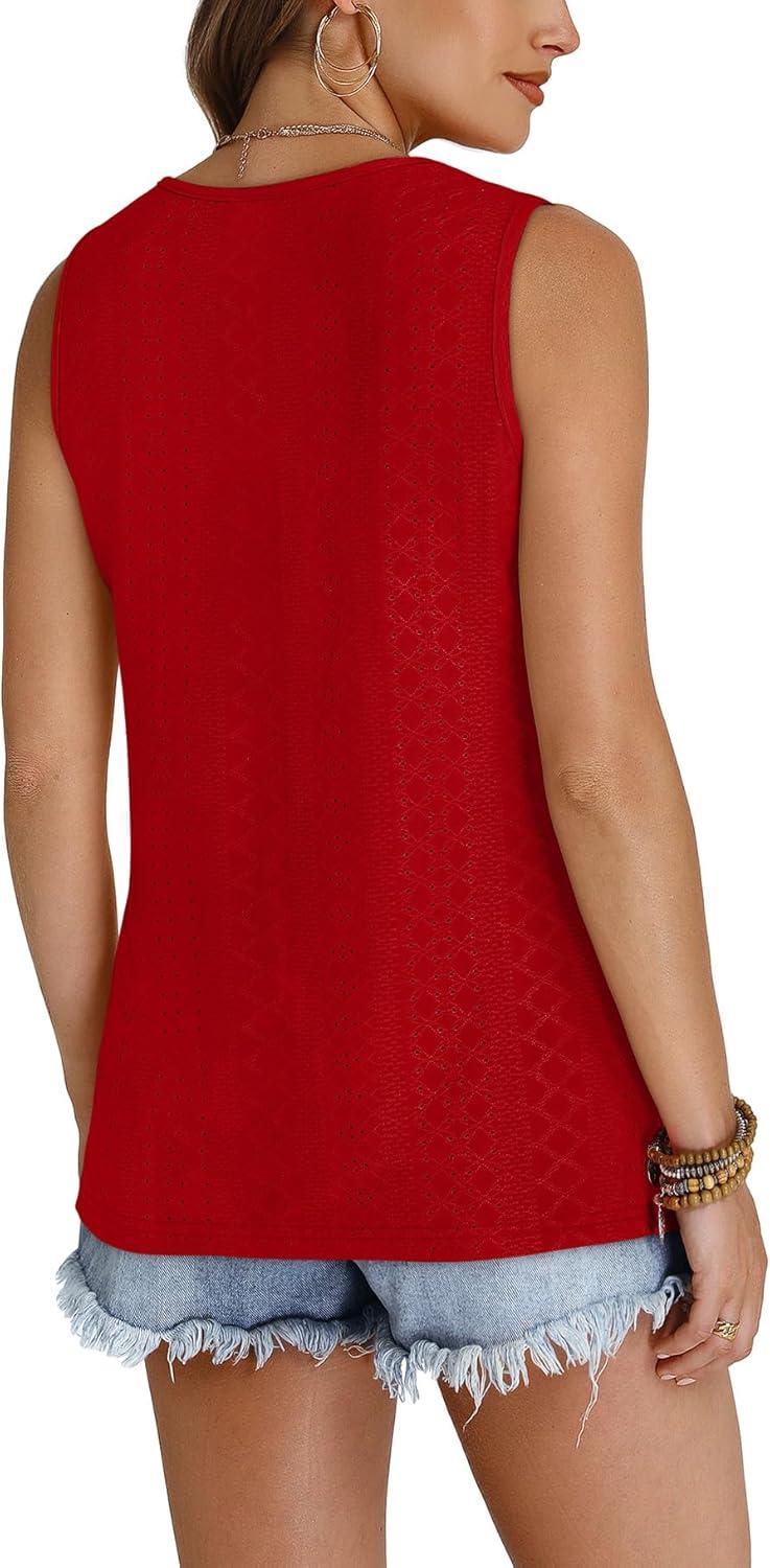 imageWIHOLL Tank Top for Women Summer Outfits V Neck T Shirts Trendy Eyelet Sleeveless Basic Beach Vacation ClothesRed