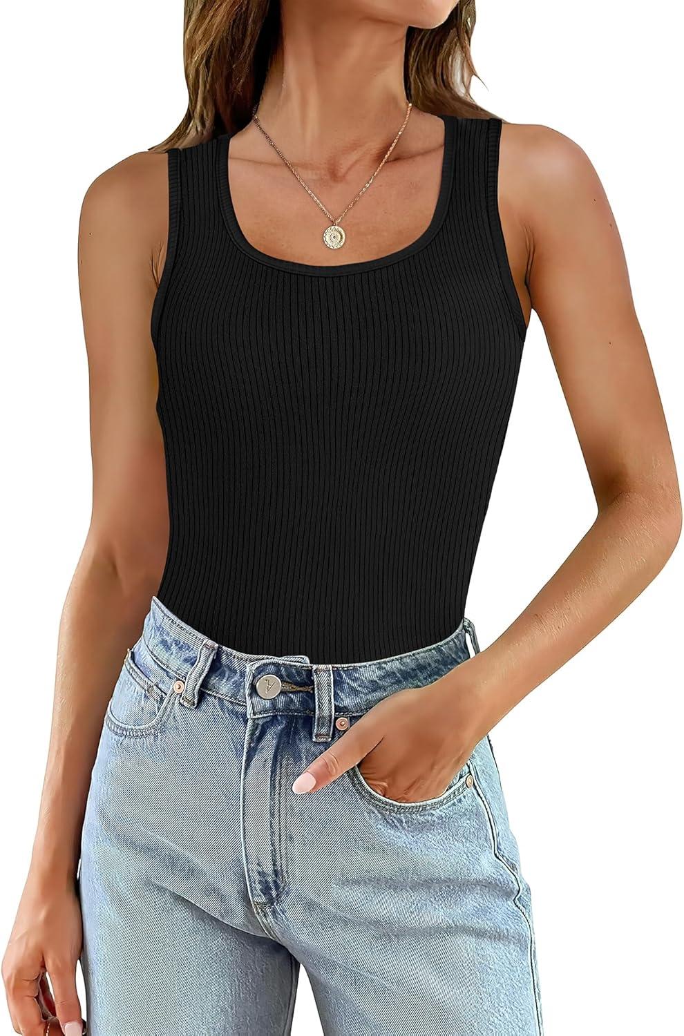 imageWIHOLL Womens Ribbed Tank Tops 2025 Summer Scoop Neck Slim Fitted Tops Casual Basic Knit Sleeveless ShirtsAblack