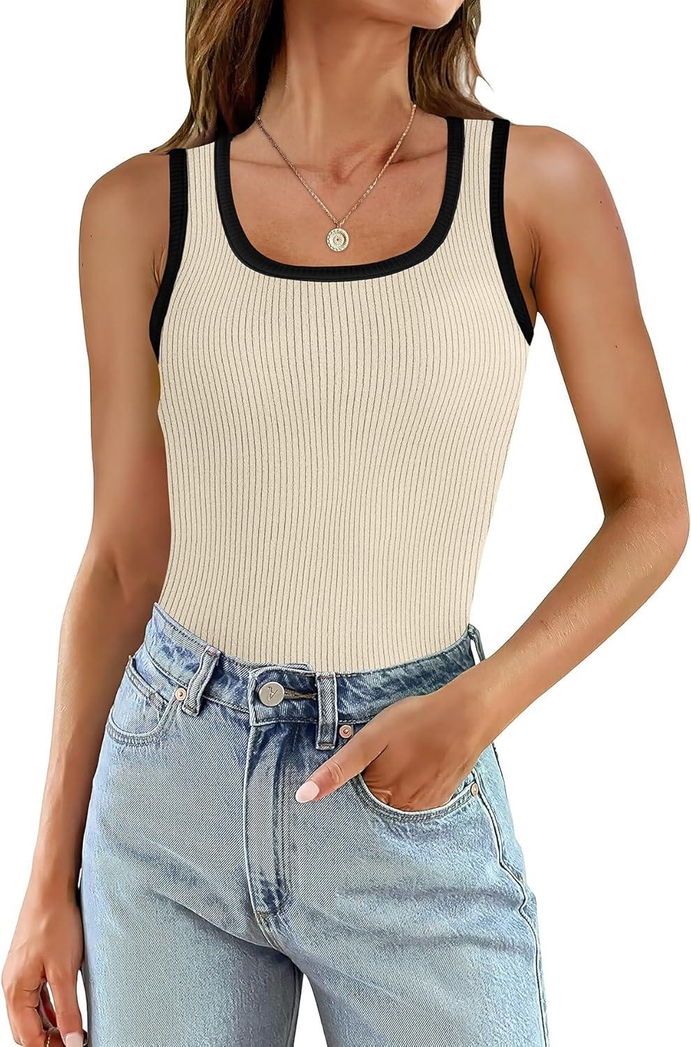 imageWIHOLL Womens Ribbed Tank Tops 2025 Summer Scoop Neck Slim Fitted Tops Casual Basic Knit Sleeveless ShirtsColor Block Beige