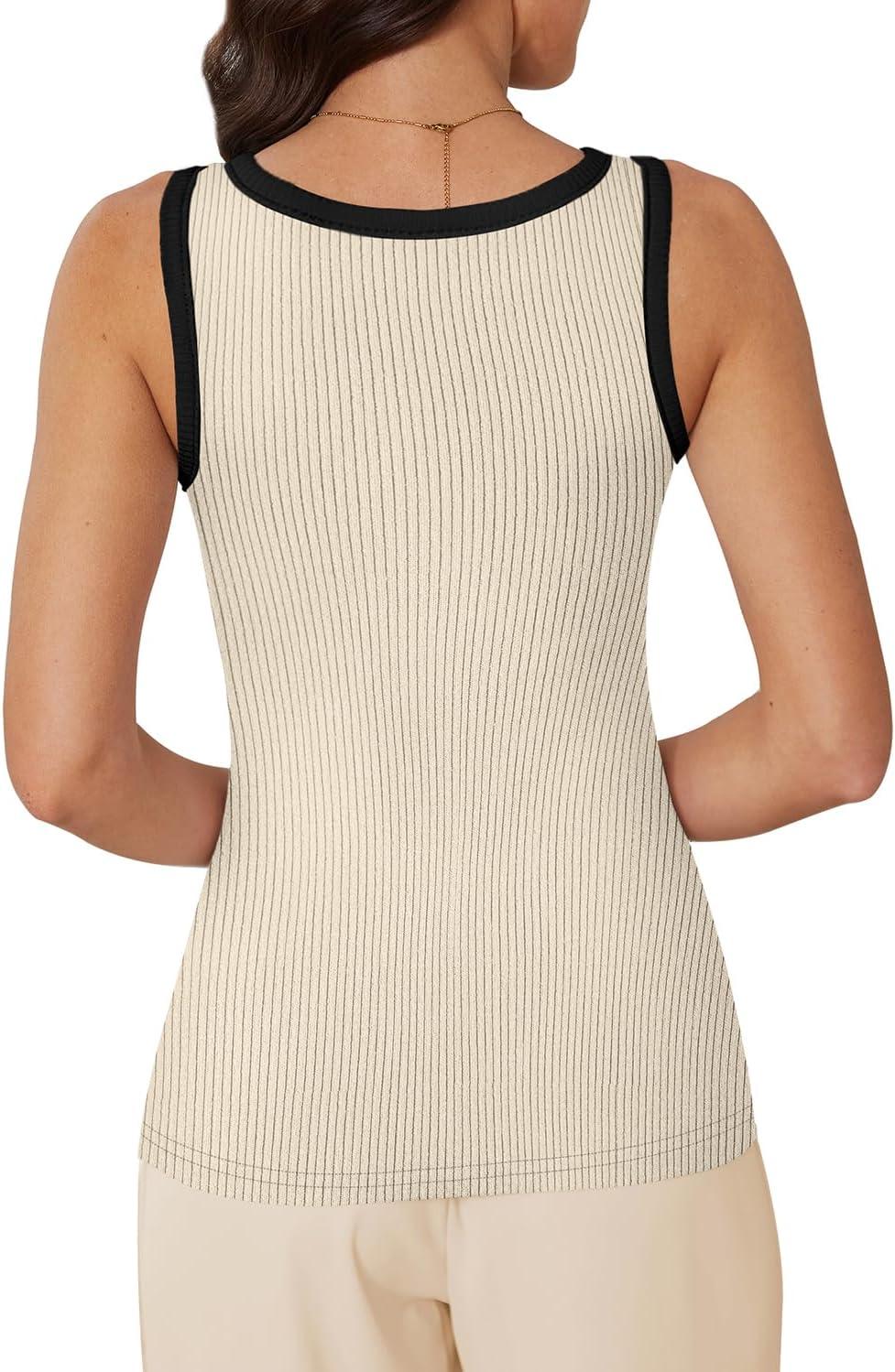imageWIHOLL Womens Ribbed Tank Tops 2025 Summer Scoop Neck Slim Fitted Tops Casual Basic Knit Sleeveless ShirtsColor Block Beige