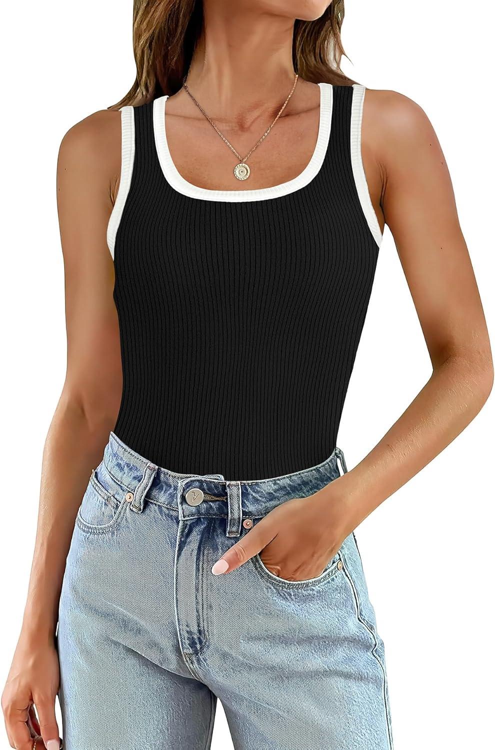 imageWIHOLL Womens Ribbed Tank Tops 2025 Summer Scoop Neck Slim Fitted Tops Casual Basic Knit Sleeveless ShirtsColor Block Black