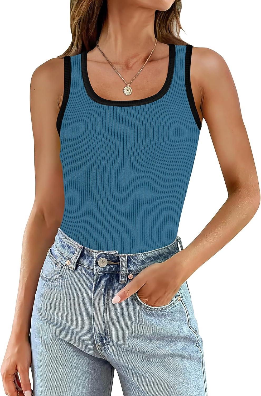 imageWIHOLL Womens Ribbed Tank Tops 2025 Summer Scoop Neck Slim Fitted Tops Casual Basic Knit Sleeveless ShirtsColor Block Blue