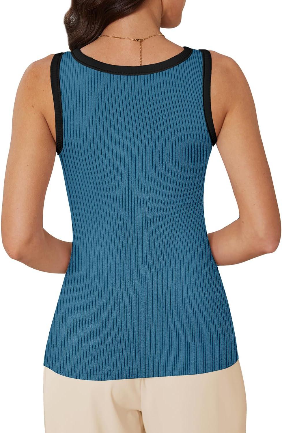 imageWIHOLL Womens Ribbed Tank Tops 2025 Summer Scoop Neck Slim Fitted Tops Casual Basic Knit Sleeveless ShirtsColor Block Blue
