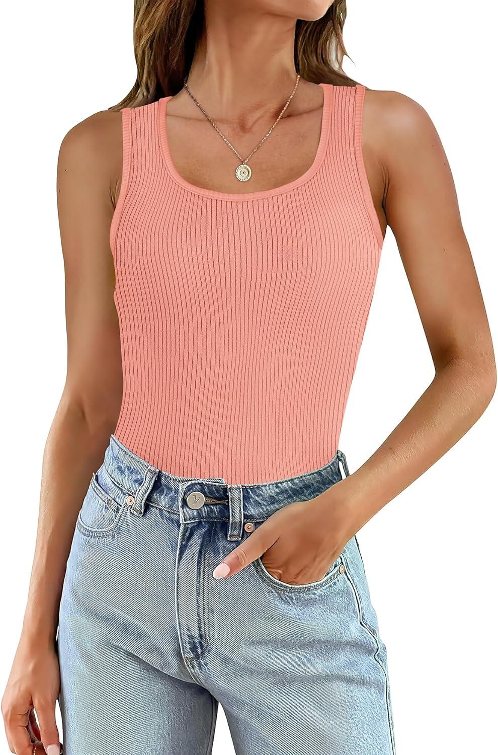 imageWIHOLL Womens Ribbed Tank Tops 2025 Summer Scoop Neck Slim Fitted Tops Casual Basic Knit Sleeveless ShirtsCoral Pink