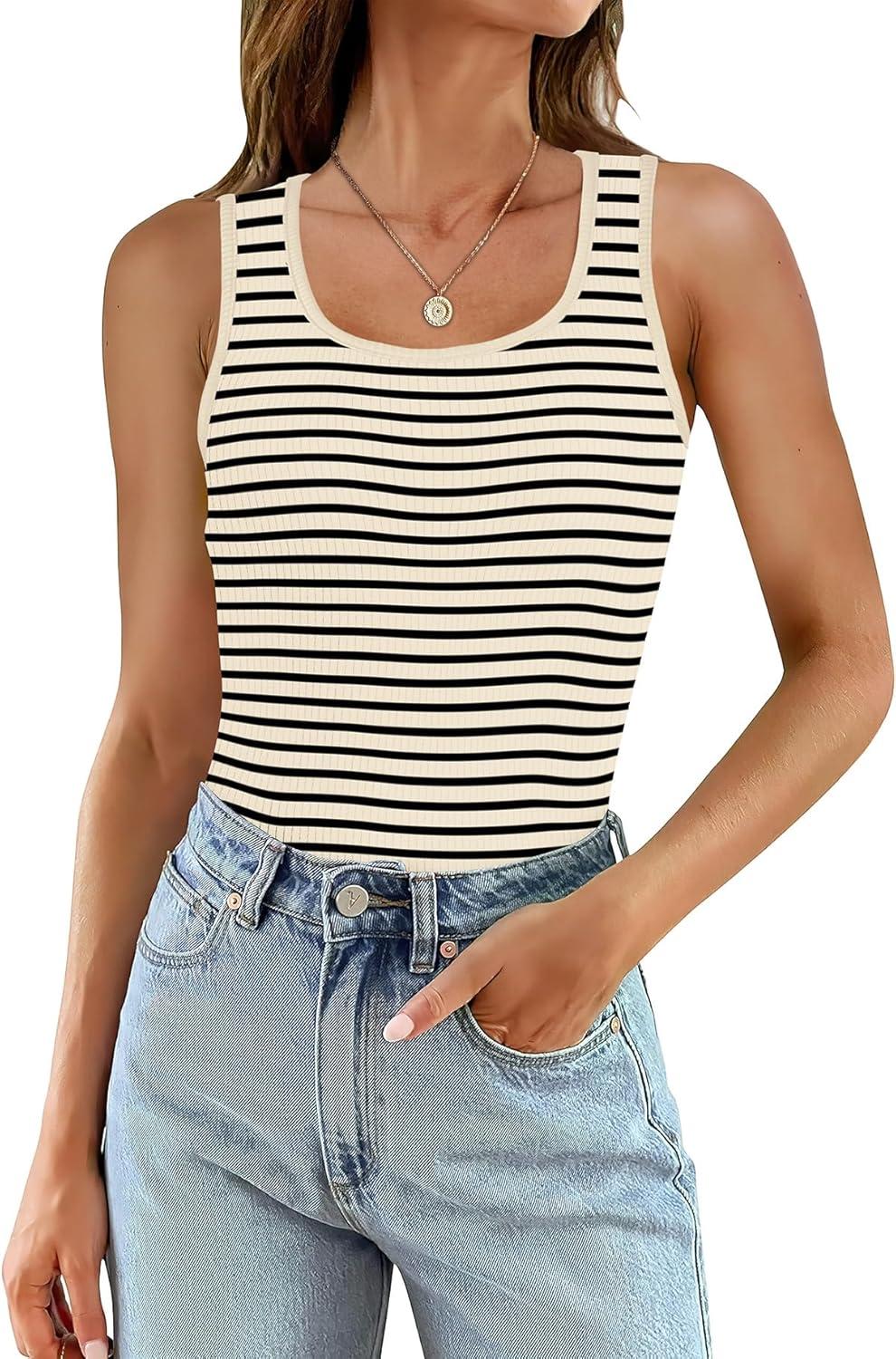 imageWIHOLL Womens Ribbed Tank Tops 2025 Summer Scoop Neck Slim Fitted Tops Casual Basic Knit Sleeveless ShirtsD1beige Stripe