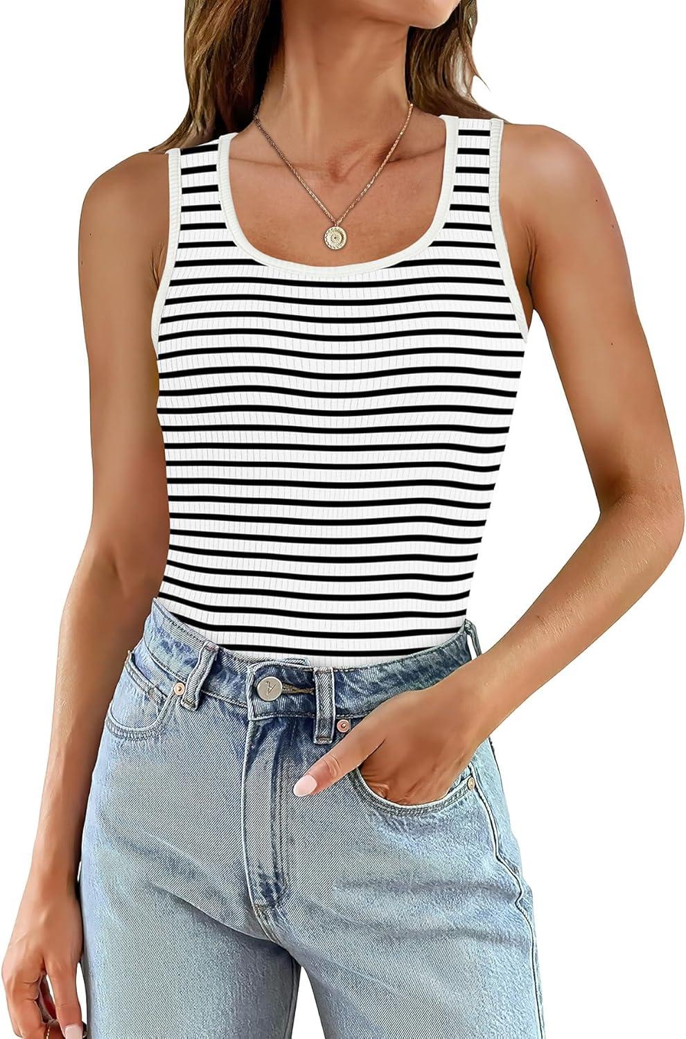 imageWIHOLL Womens Ribbed Tank Tops 2025 Summer Scoop Neck Slim Fitted Tops Casual Basic Knit Sleeveless ShirtsD1black Stripe