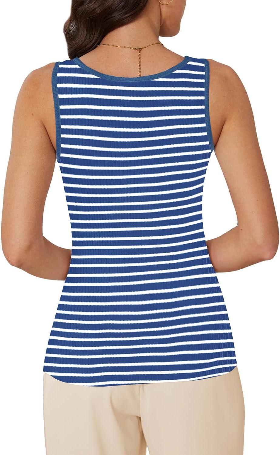 imageWIHOLL Womens Ribbed Tank Tops 2025 Summer Scoop Neck Slim Fitted Tops Casual Basic Knit Sleeveless ShirtsD1blue Stripe