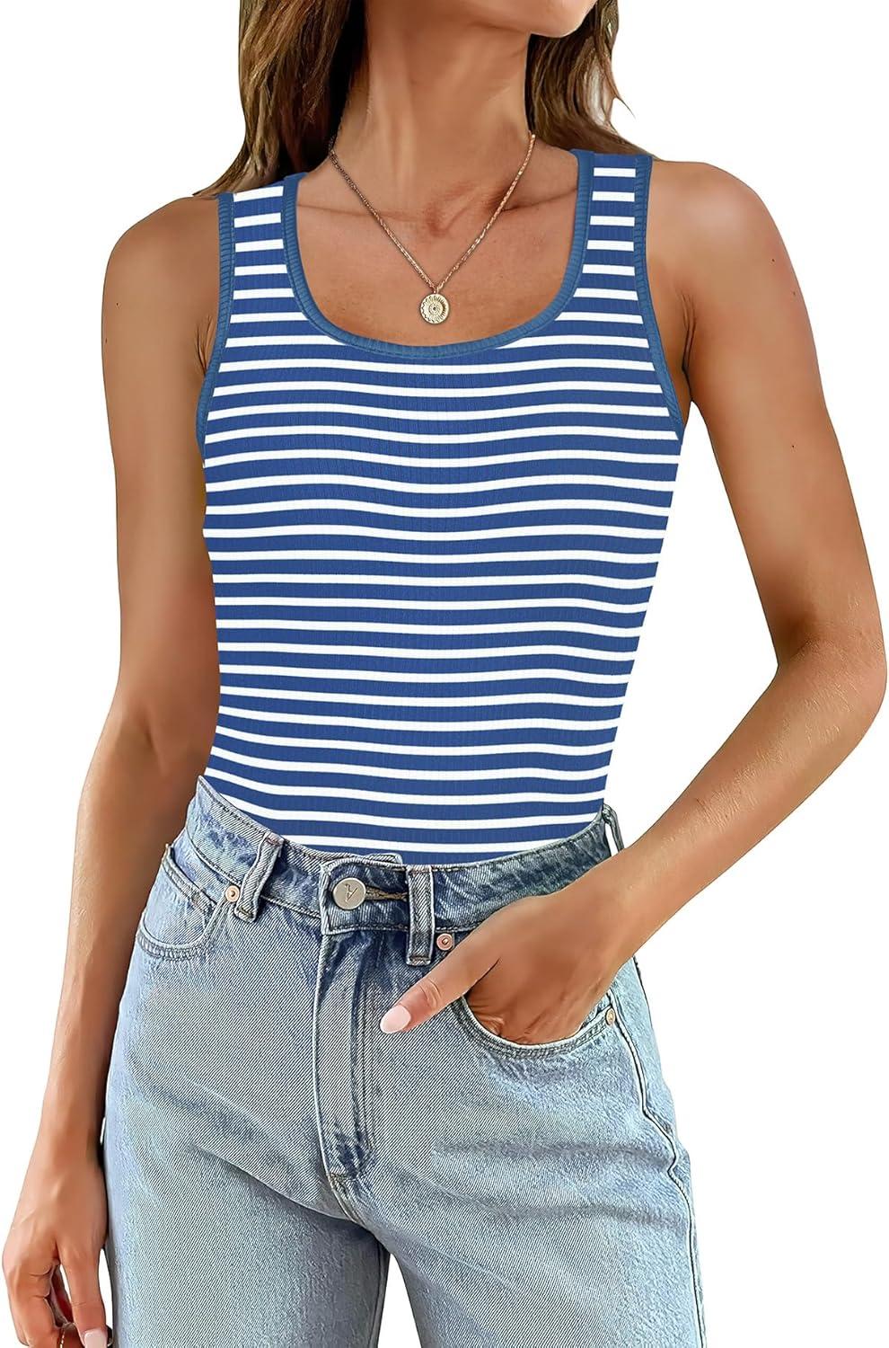 imageWIHOLL Womens Ribbed Tank Tops 2025 Summer Scoop Neck Slim Fitted Tops Casual Basic Knit Sleeveless ShirtsD1blue Stripe
