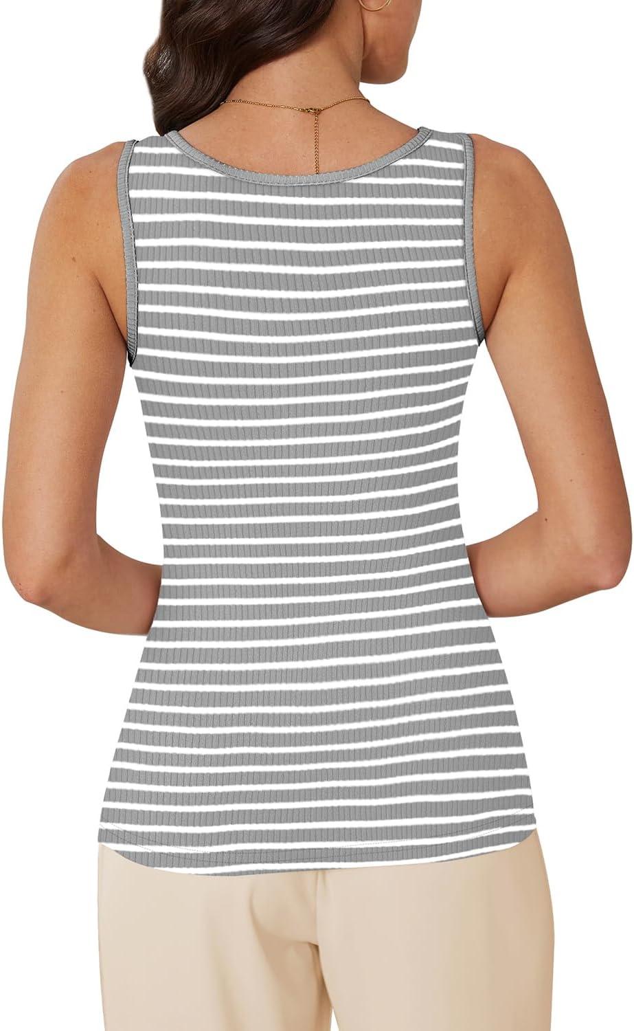 imageWIHOLL Womens Ribbed Tank Tops 2025 Summer Scoop Neck Slim Fitted Tops Casual Basic Knit Sleeveless ShirtsD1grey Stripe