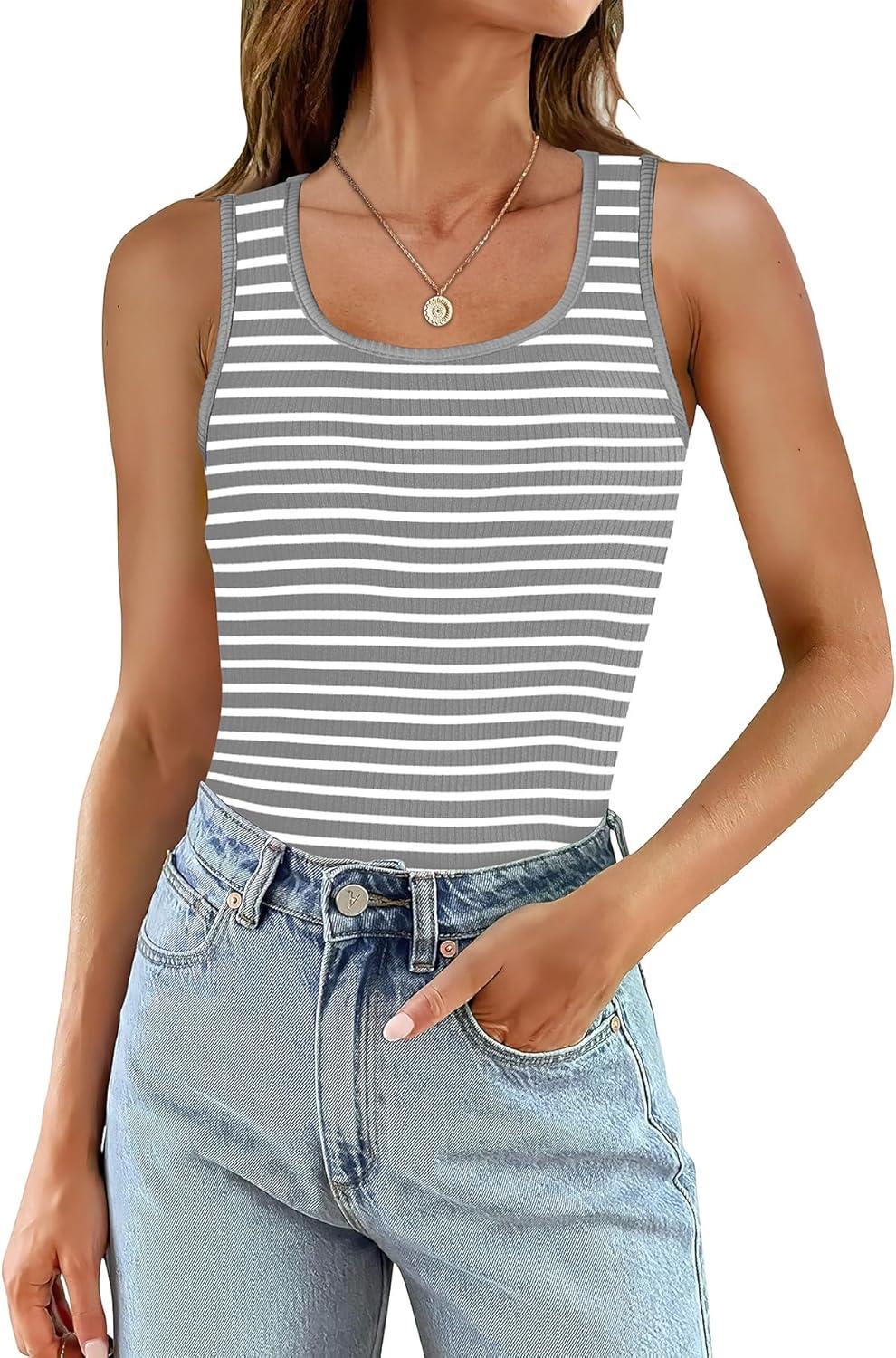 imageWIHOLL Womens Ribbed Tank Tops 2025 Summer Scoop Neck Slim Fitted Tops Casual Basic Knit Sleeveless ShirtsD1grey Stripe