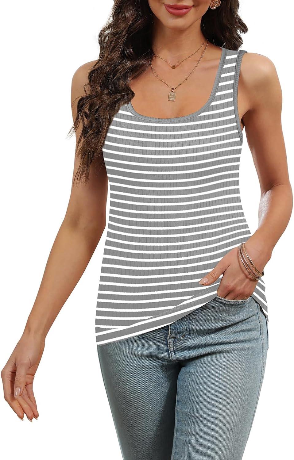 imageWIHOLL Womens Ribbed Tank Tops 2025 Summer Scoop Neck Slim Fitted Tops Casual Basic Knit Sleeveless ShirtsD1grey Stripe