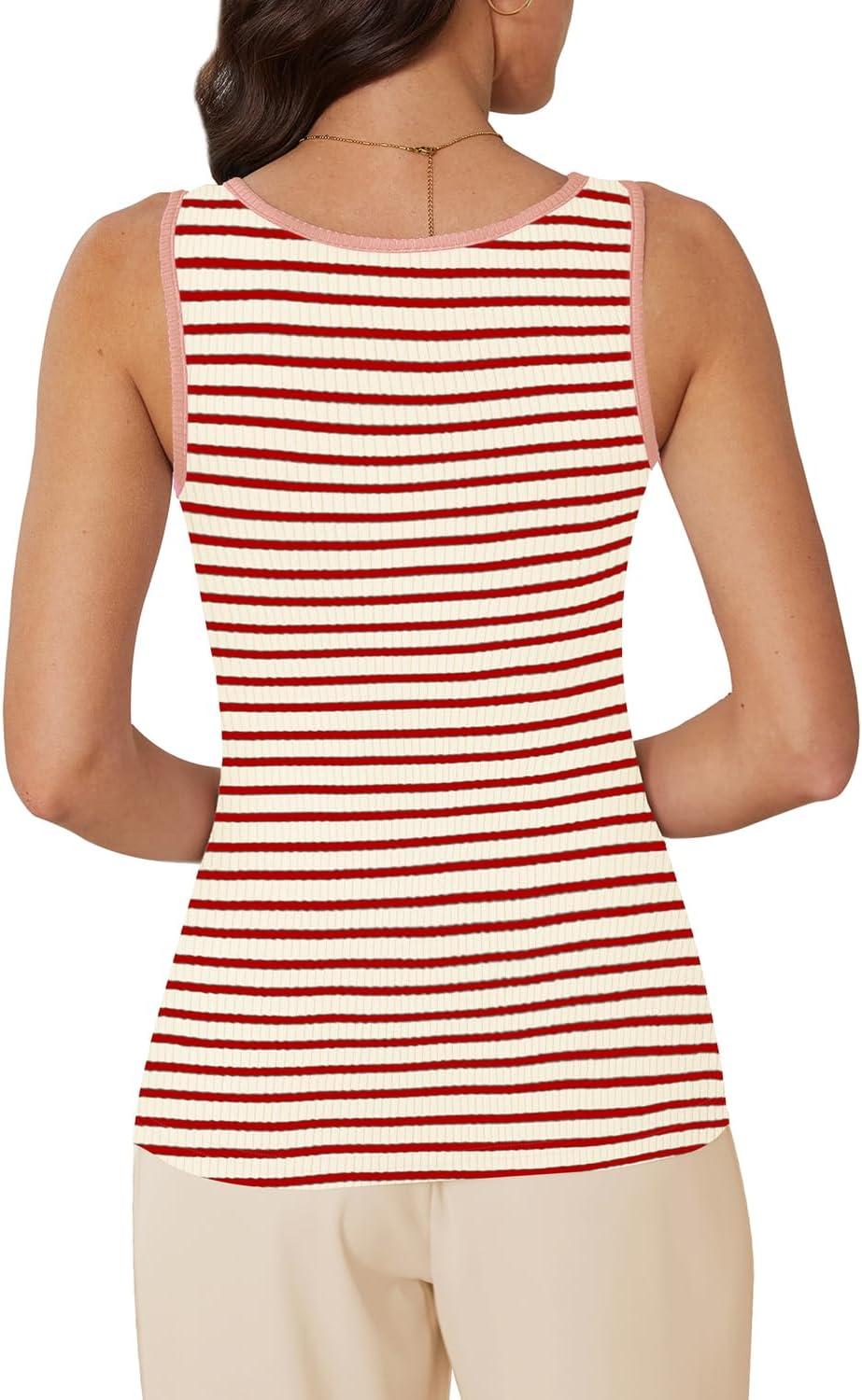 imageWIHOLL Womens Ribbed Tank Tops 2025 Summer Scoop Neck Slim Fitted Tops Casual Basic Knit Sleeveless ShirtsD1red Stripe