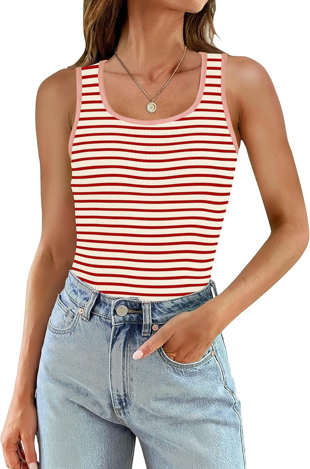 imageWIHOLL Womens Ribbed Tank Tops 2025 Summer Scoop Neck Slim Fitted Tops Casual Basic Knit Sleeveless ShirtsD1red Stripe