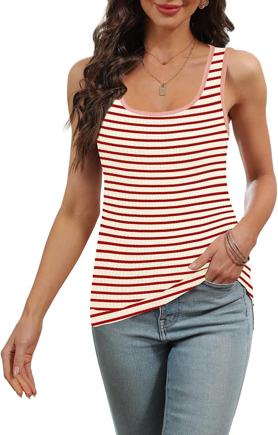 imageWIHOLL Womens Ribbed Tank Tops 2025 Summer Scoop Neck Slim Fitted Tops Casual Basic Knit Sleeveless ShirtsD1red Stripe
