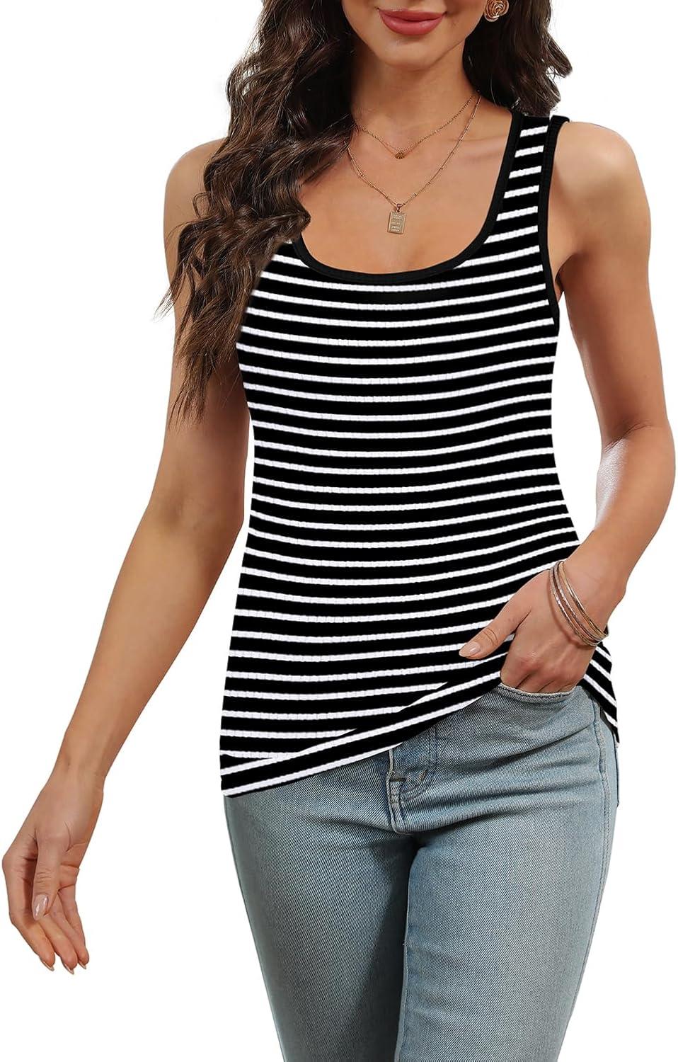 imageWIHOLL Womens Ribbed Tank Tops 2025 Summer Scoop Neck Slim Fitted Tops Casual Basic Knit Sleeveless ShirtsD1white Stripe
