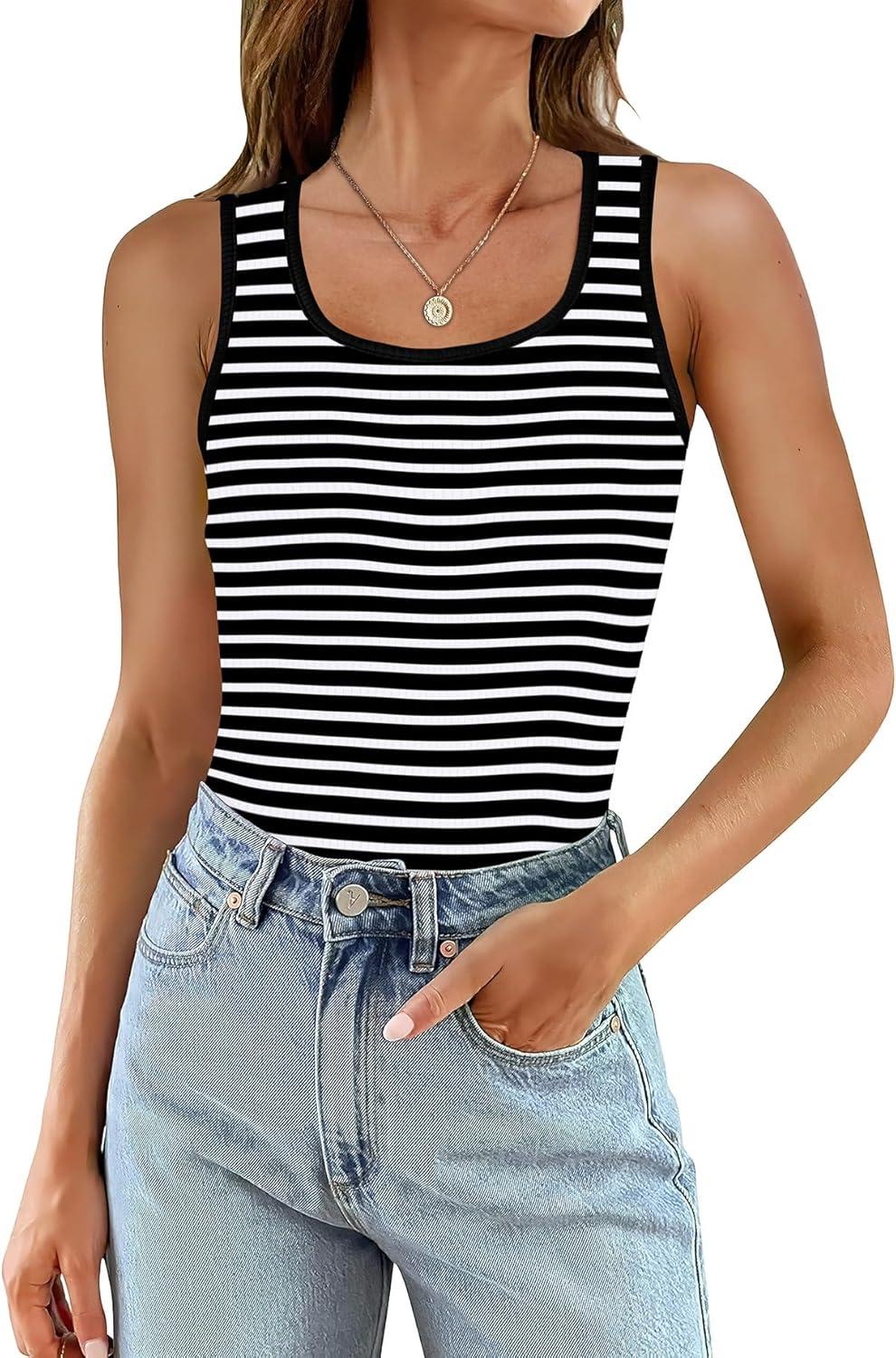 imageWIHOLL Womens Ribbed Tank Tops 2025 Summer Scoop Neck Slim Fitted Tops Casual Basic Knit Sleeveless ShirtsD1white Stripe