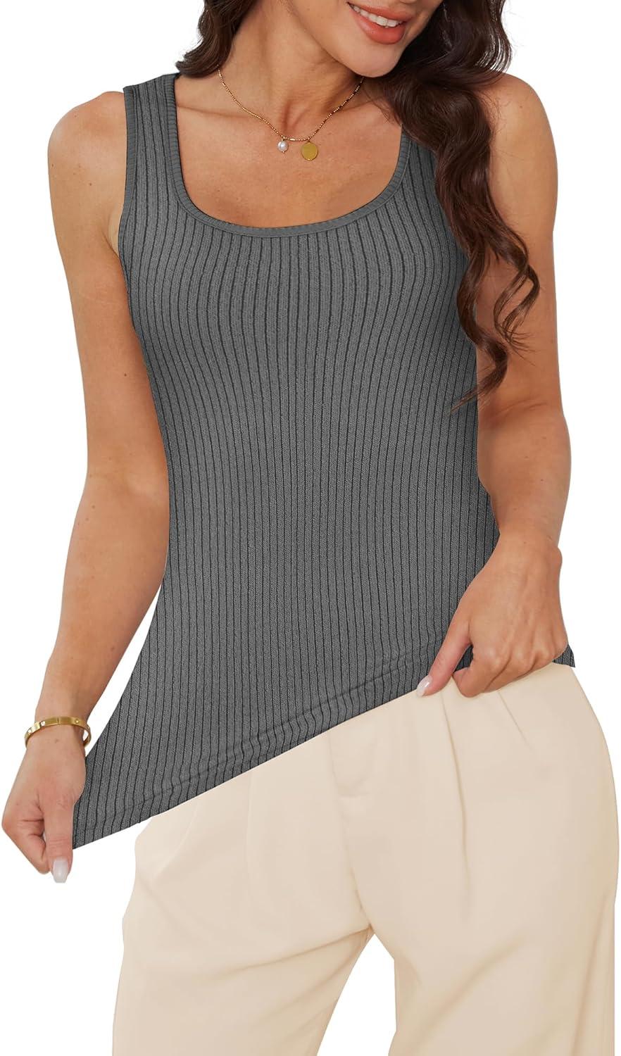 imageWIHOLL Womens Ribbed Tank Tops 2025 Summer Scoop Neck Slim Fitted Tops Casual Basic Knit Sleeveless ShirtsDgrey