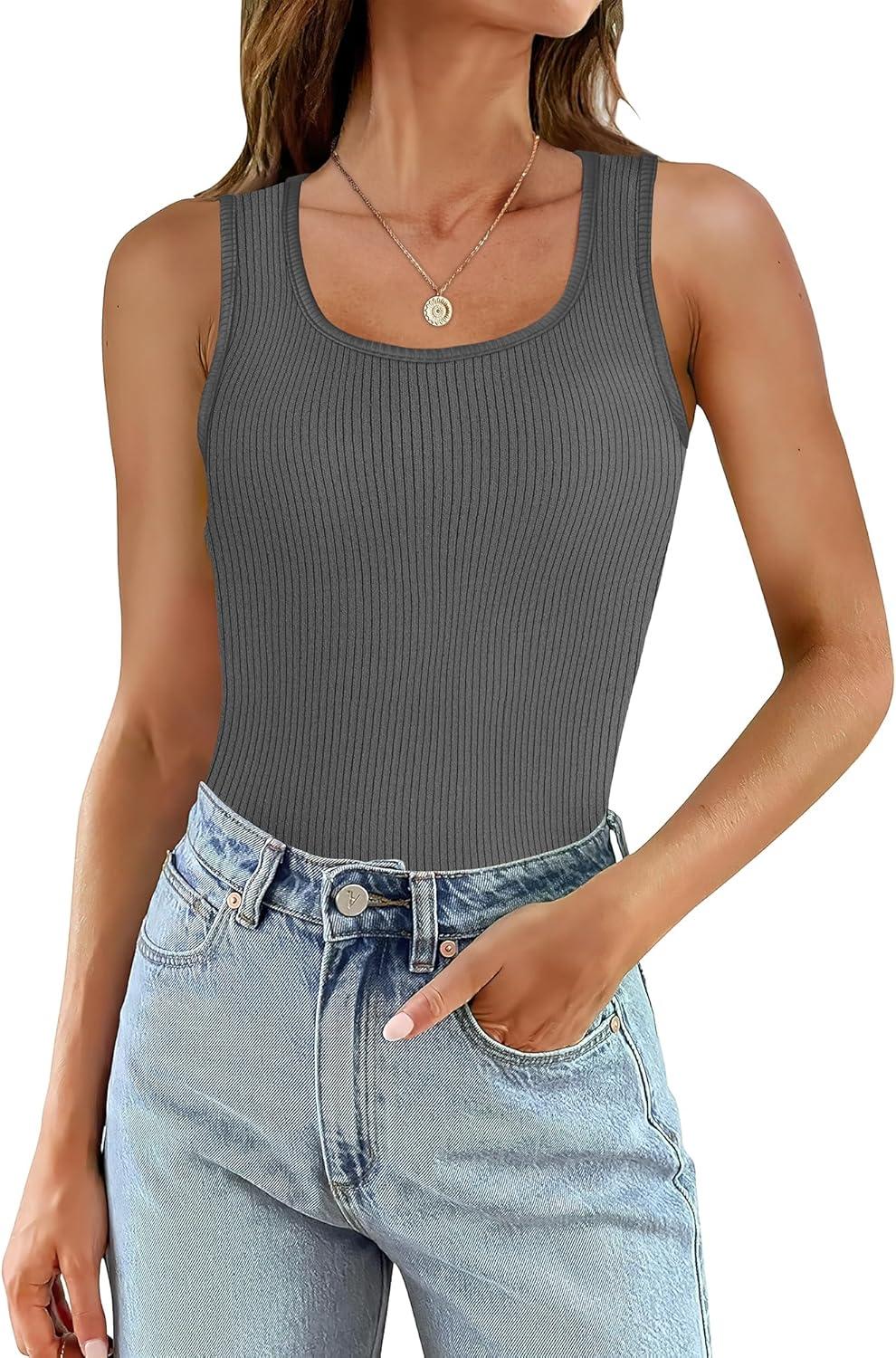imageWIHOLL Womens Ribbed Tank Tops 2025 Summer Scoop Neck Slim Fitted Tops Casual Basic Knit Sleeveless ShirtsDgrey