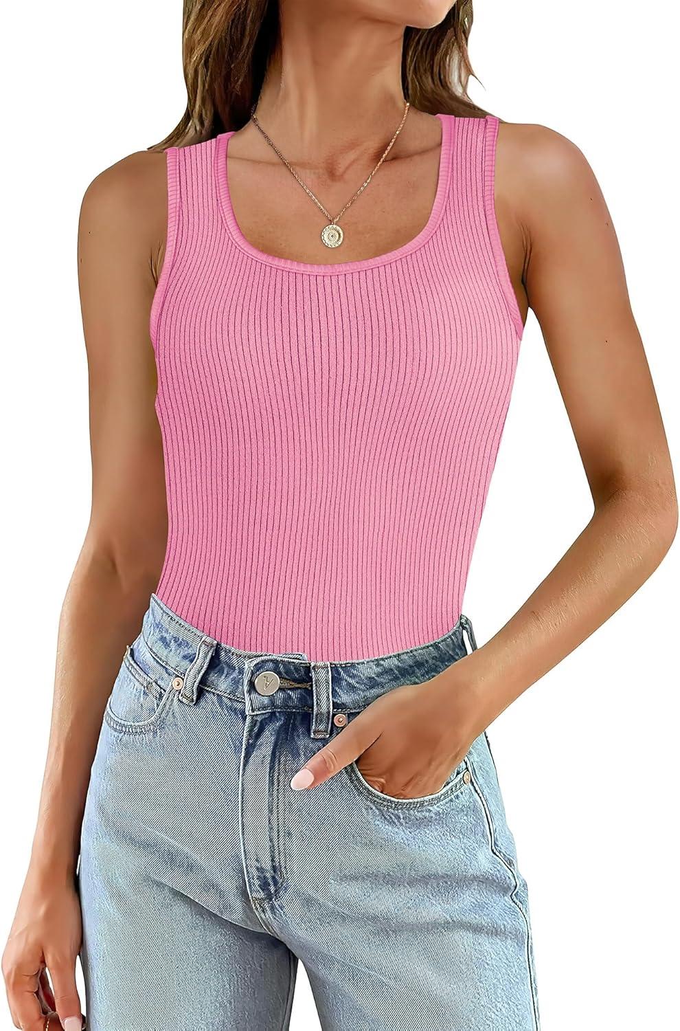 imageWIHOLL Womens Ribbed Tank Tops 2025 Summer Scoop Neck Slim Fitted Tops Casual Basic Knit Sleeveless ShirtsEhot Pink