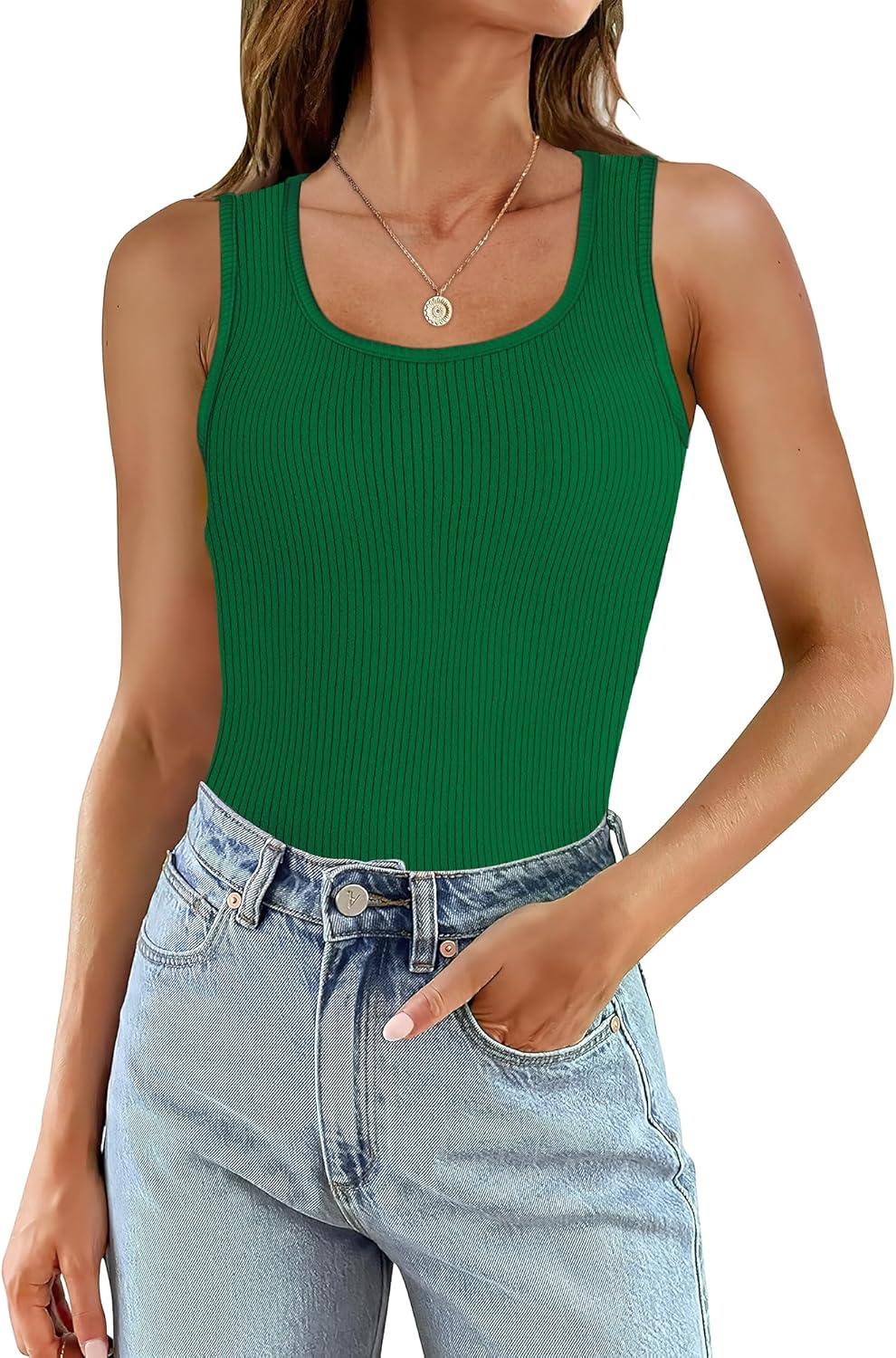imageWIHOLL Womens Ribbed Tank Tops 2025 Summer Scoop Neck Slim Fitted Tops Casual Basic Knit Sleeveless ShirtsGreen