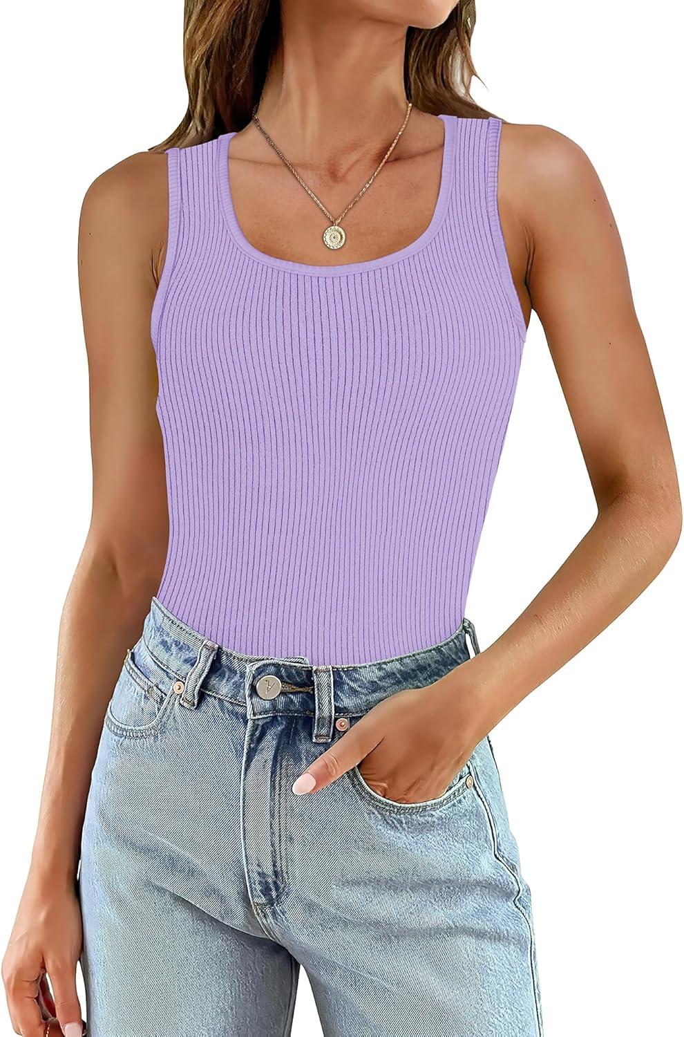 imageWIHOLL Womens Ribbed Tank Tops 2025 Summer Scoop Neck Slim Fitted Tops Casual Basic Knit Sleeveless ShirtsPurple