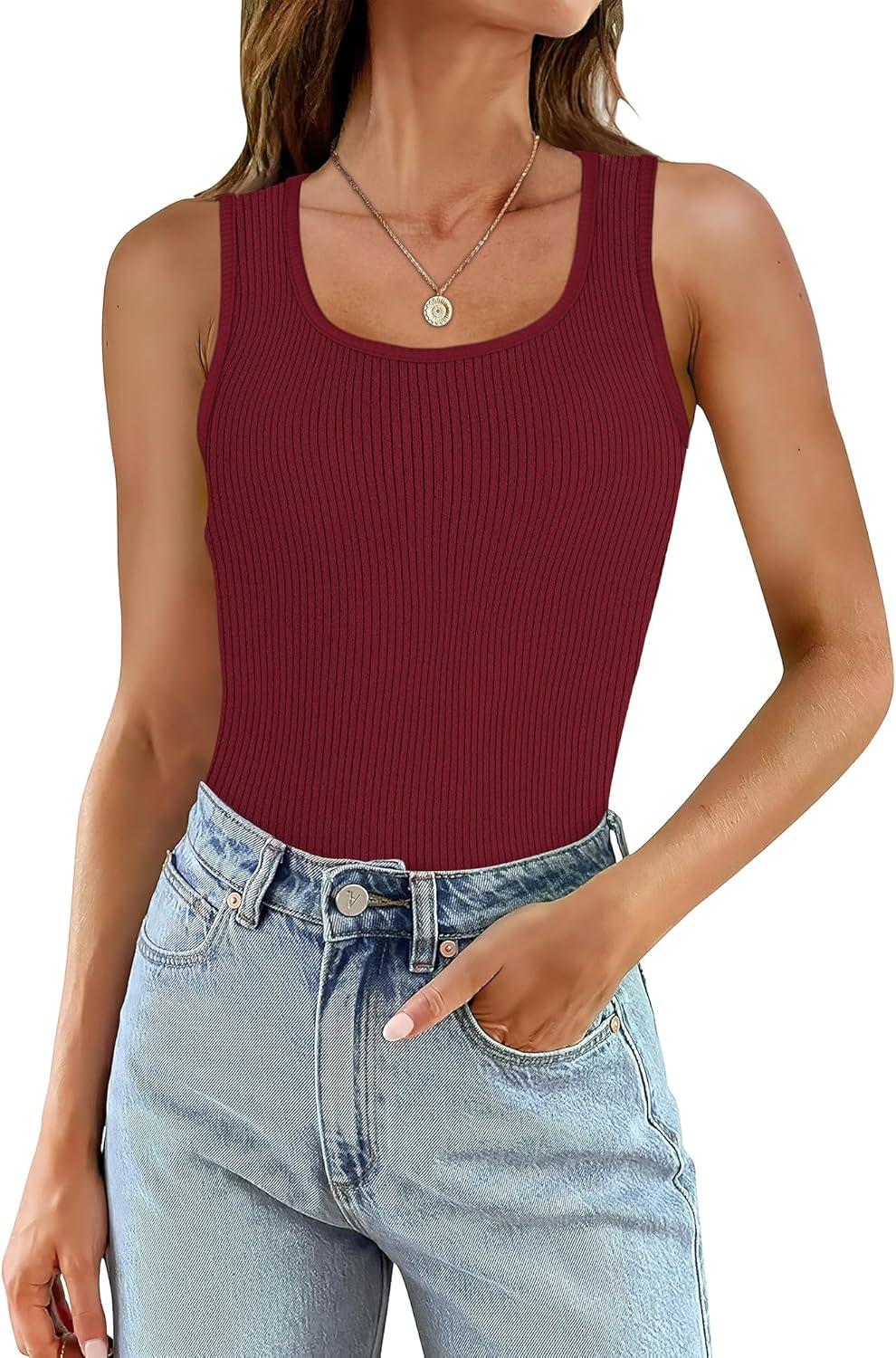 imageWIHOLL Womens Ribbed Tank Tops 2025 Summer Scoop Neck Slim Fitted Tops Casual Basic Knit Sleeveless ShirtsRed