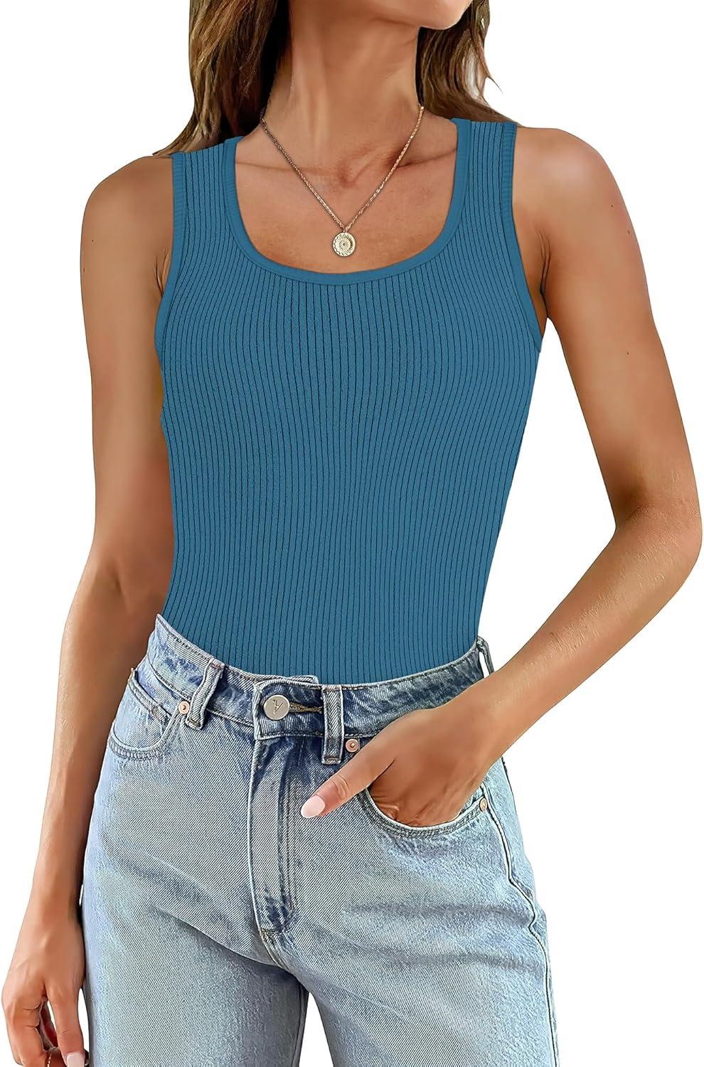 imageWIHOLL Womens Ribbed Tank Tops 2025 Summer Scoop Neck Slim Fitted Tops Casual Basic Knit Sleeveless ShirtsSmoky Blue
